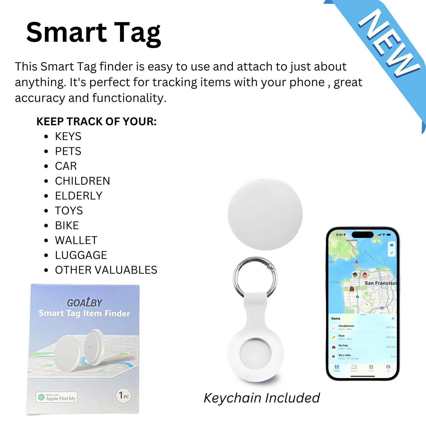 GPS Smart Tag with Key Chain For iPhone only (White Color)
