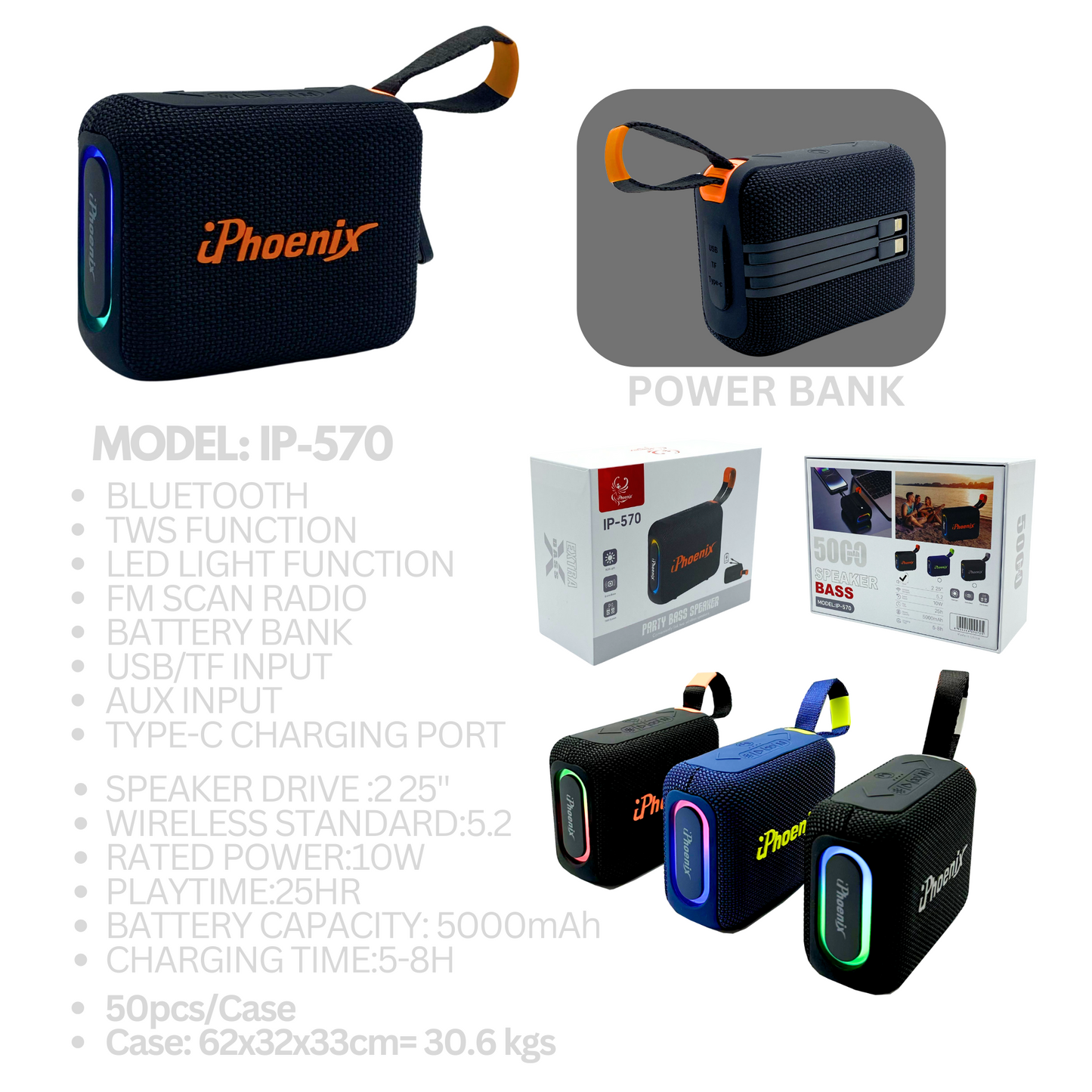 POWER BANK MINI SPEAKER WITH 25HR BATTERY IP-570