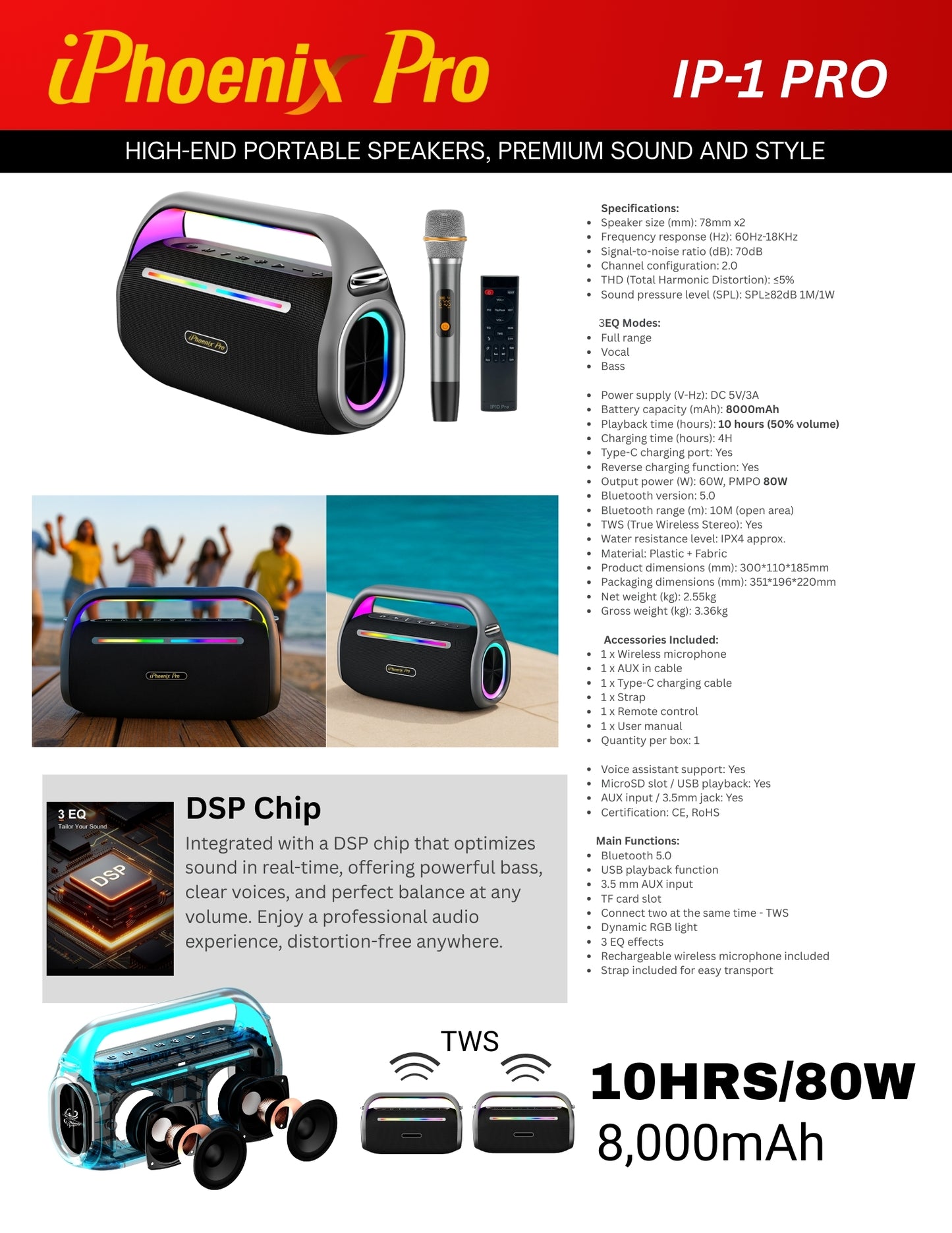 IP-1-Pro Portable Wireless Bluetooth Karaoke Speaker with 80W Power Output