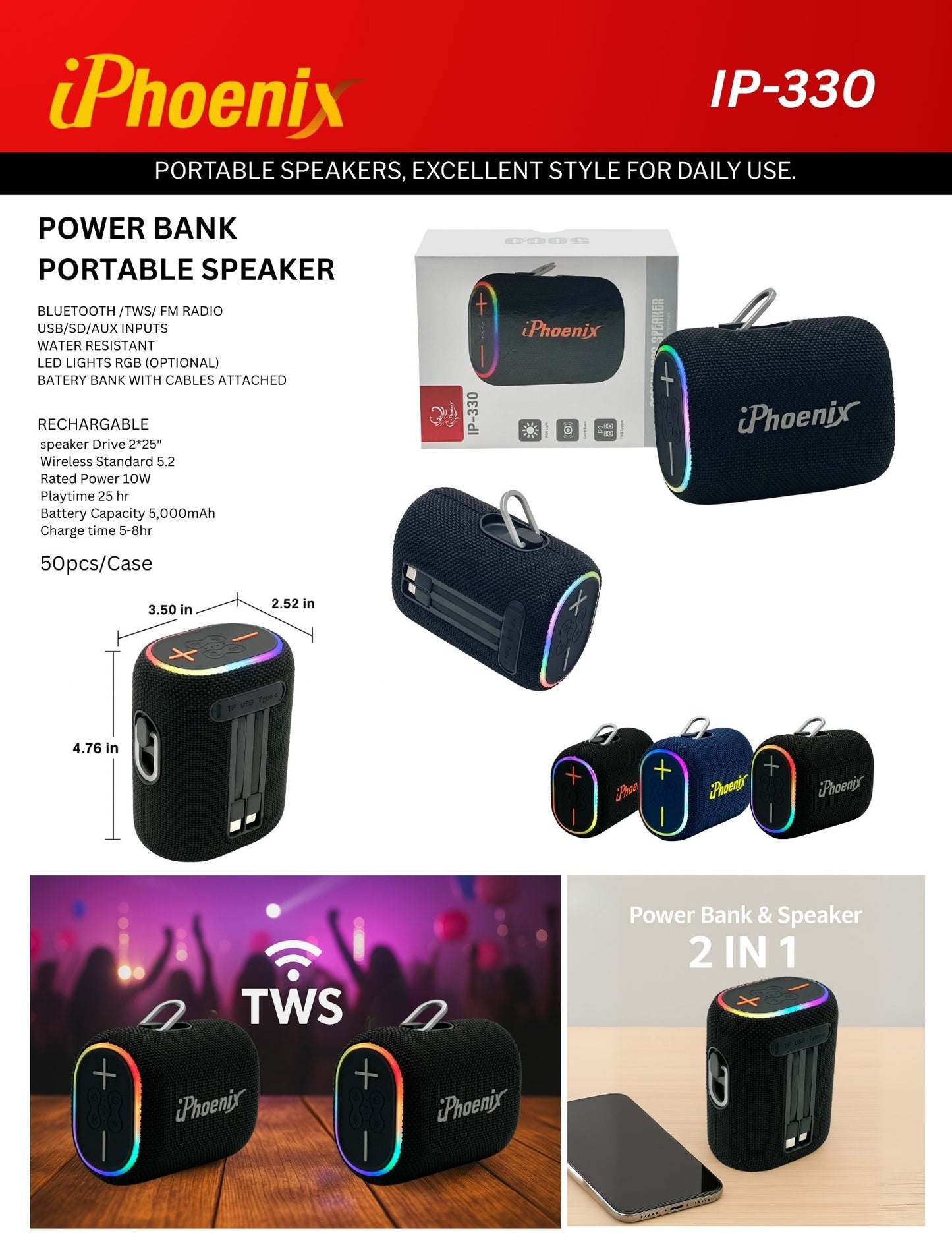 IP-330 2in1 Power Bank & BT Party Bass Speaker 10W 25 Hours Playtime - Gray