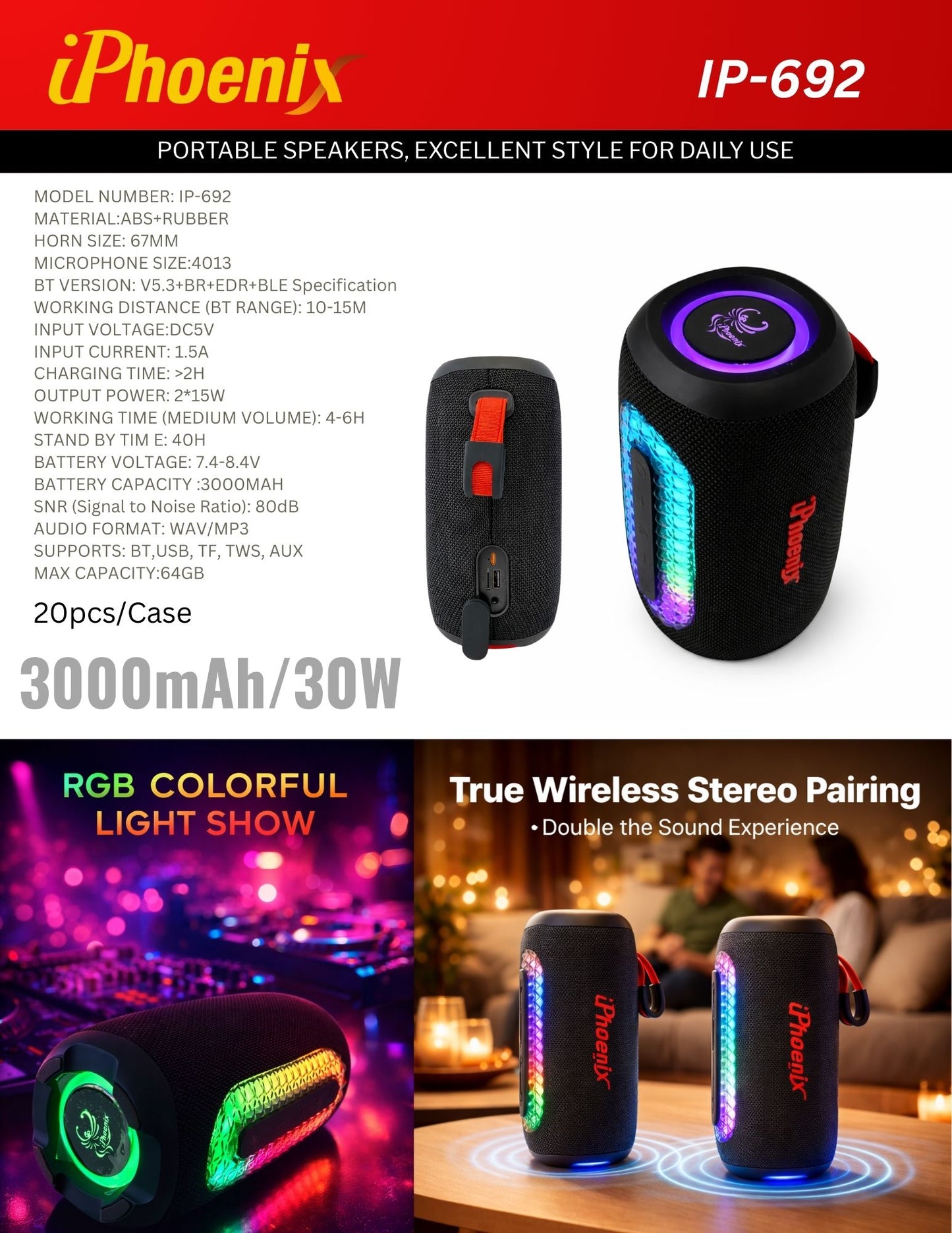 IP-692 Bluetooth Wireless Speaker 3000mAh Battery 6 Hours Playtime ABS+Rubber Material - Black