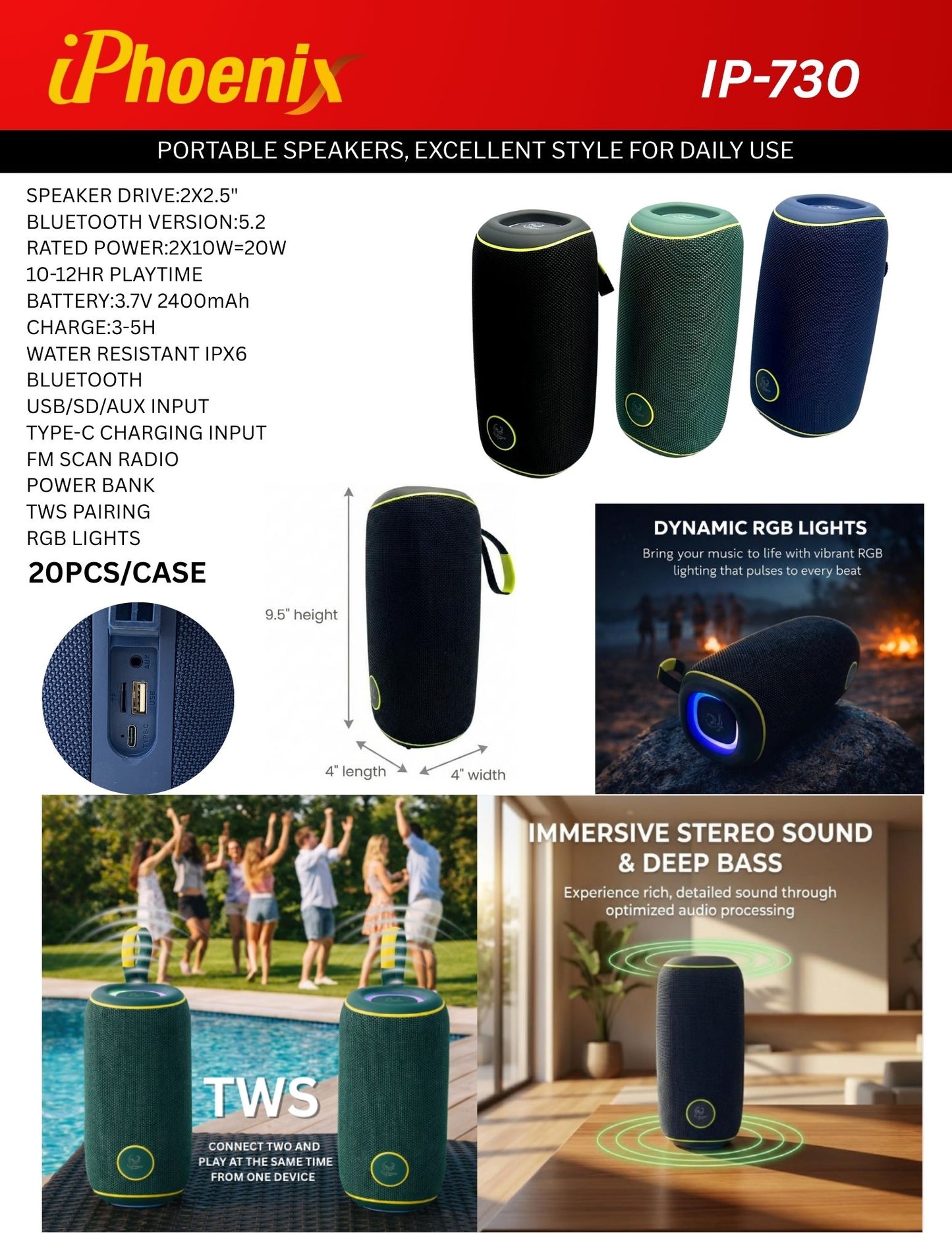 IP-730 Portable Bluetooth Rechargeable 20W LED Lights Speaker & Power Bank - Green