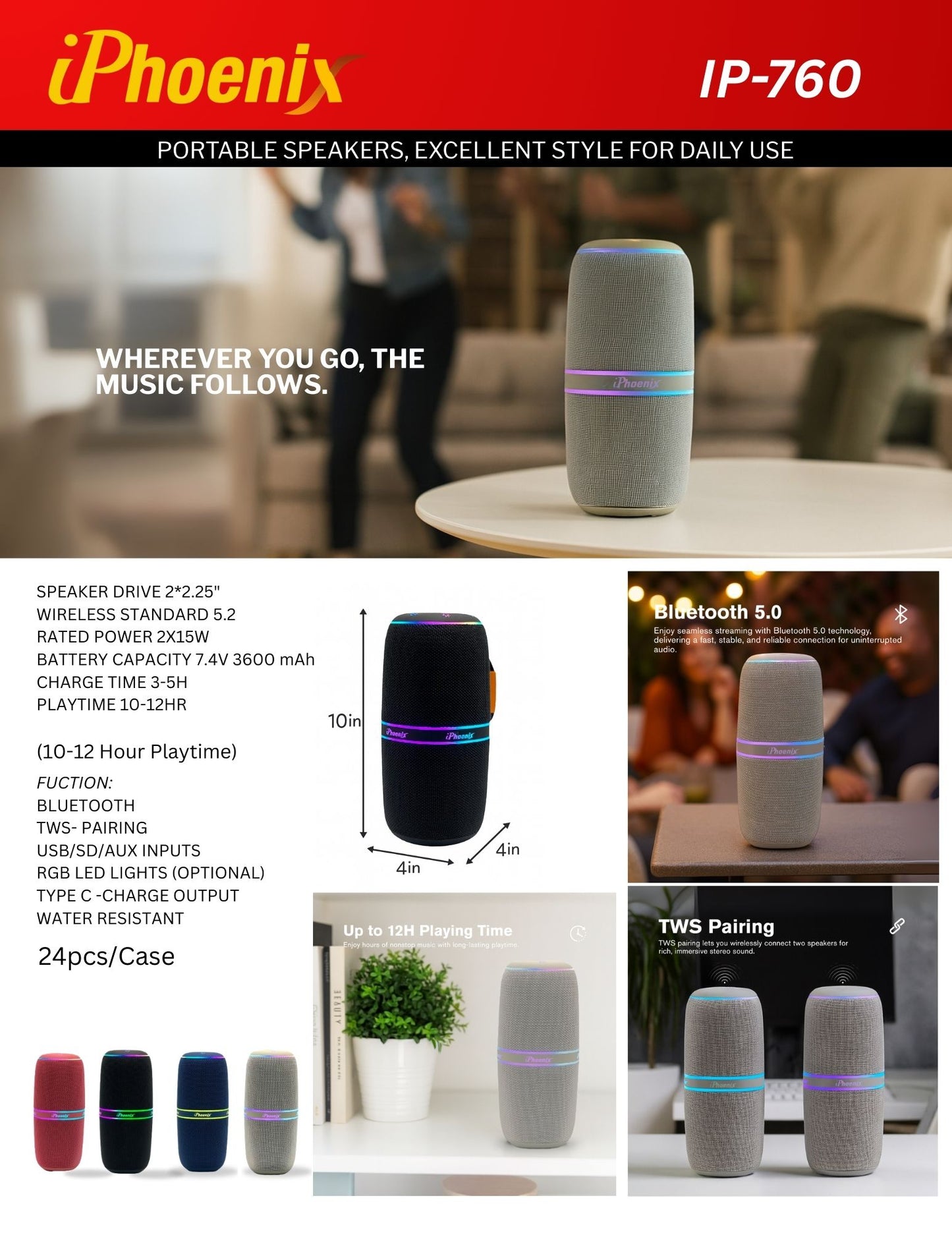 IP-760 Portable Indoor Outdoor Bluetooth Wireless Speaker TWS LED Lights Water Resistant - Blue