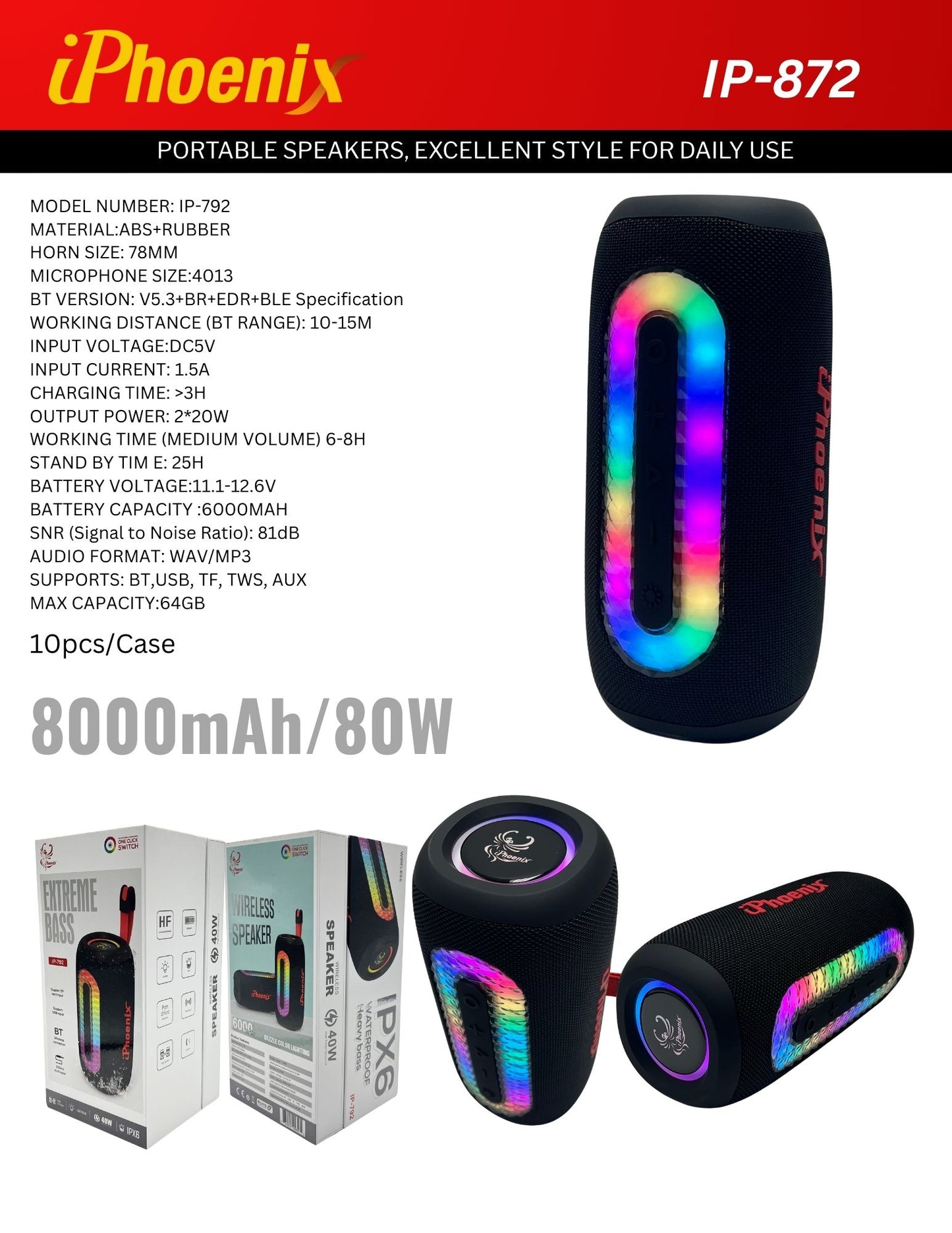 IP-792 Portable BT Wireless Speaker 8 Hours Playtime 6000mAh Battery LED Lights - Black