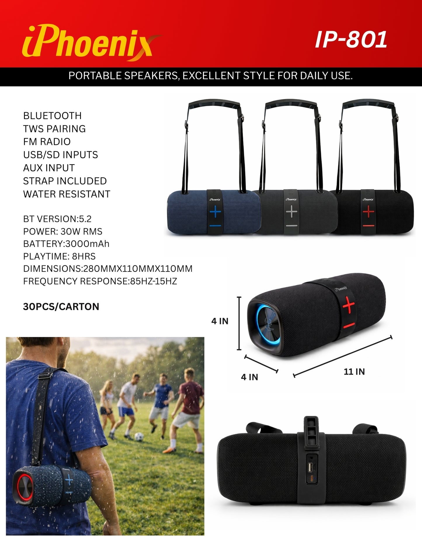 IP-801 OUTDOOR PORTABLE SPEAKER WITH TWS LED LIGHTS BT FM - Gray
