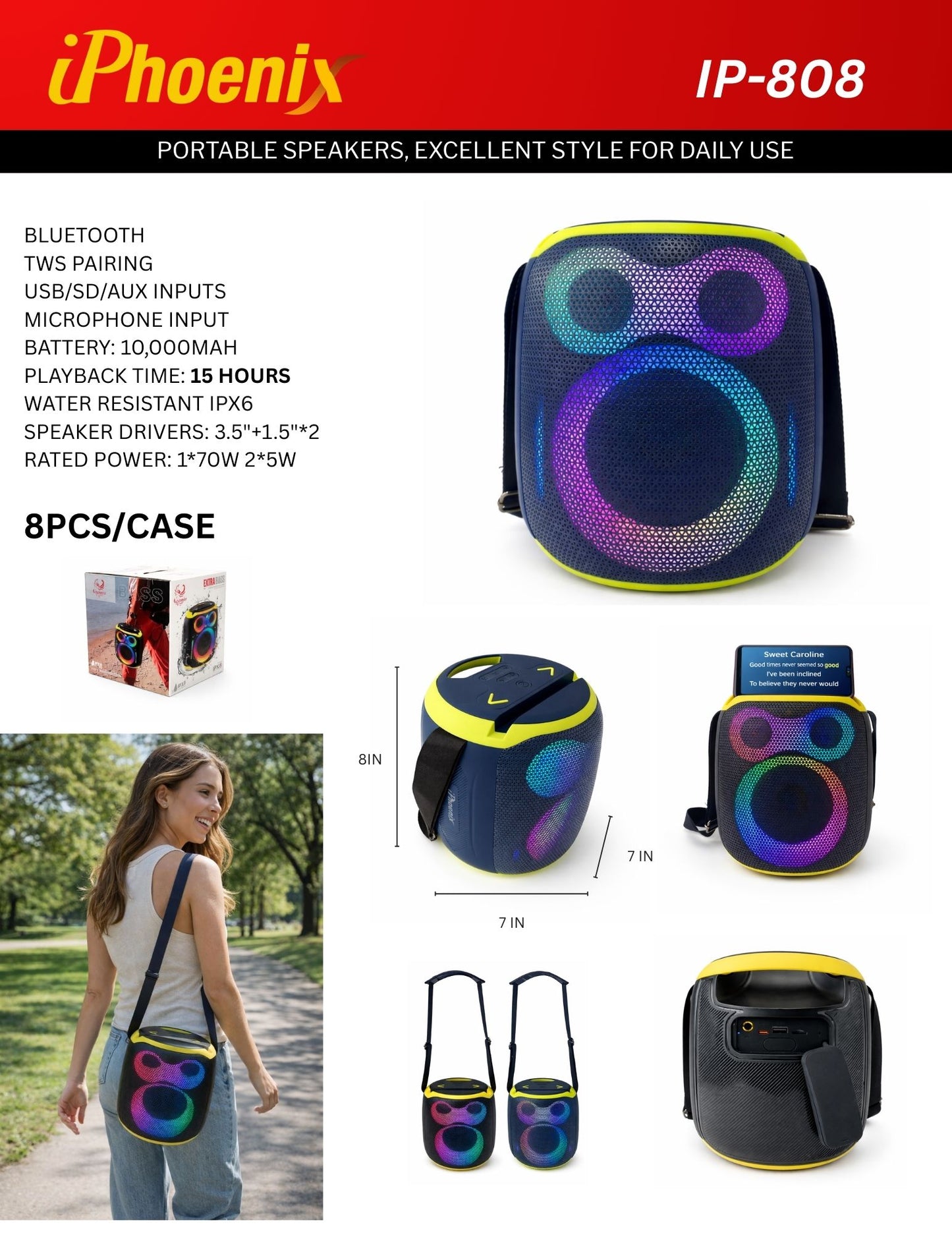 IP-808 Portable BT Speaker with Mic LED Lights 15 Hours Playtime 70W - Blue-Green