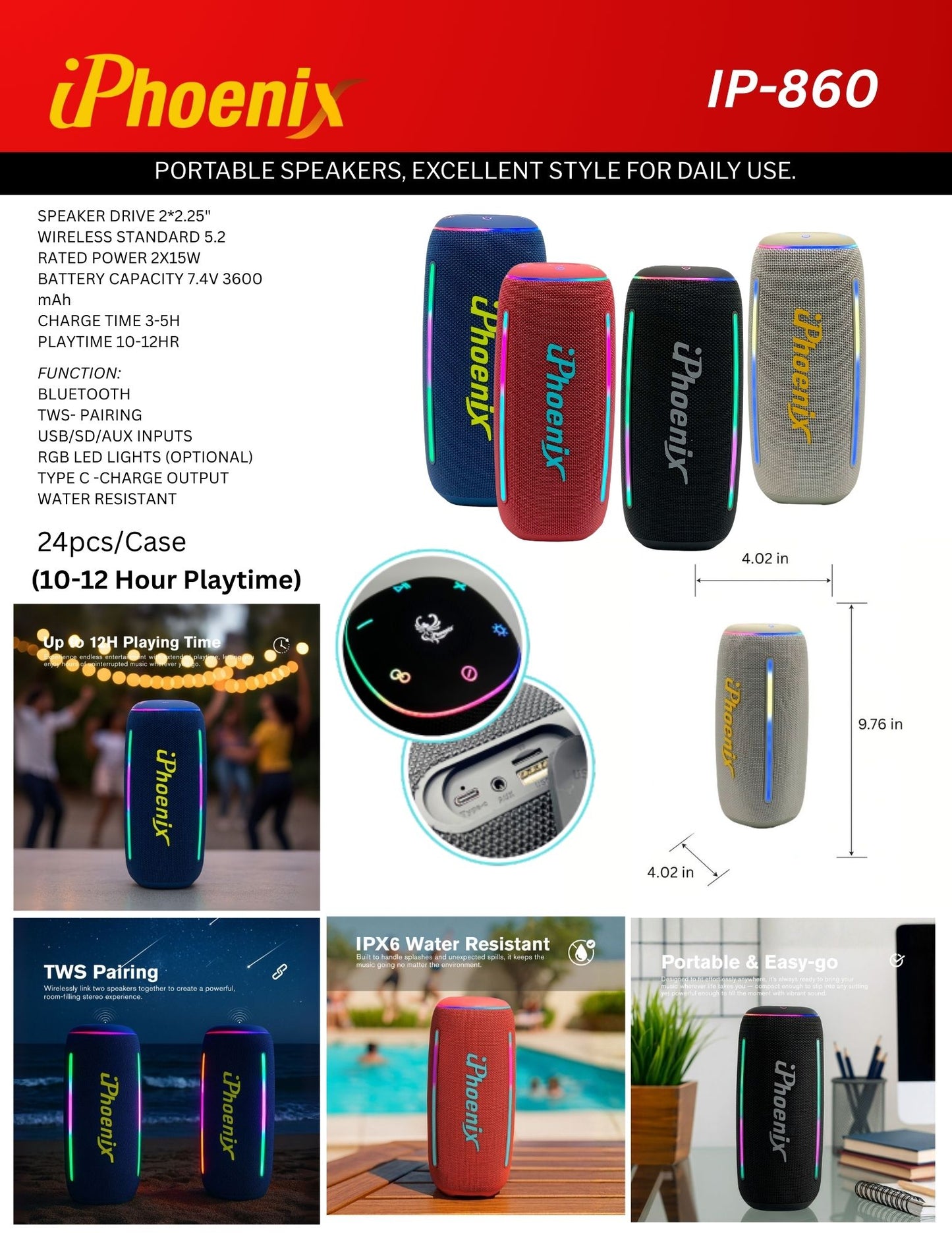 IP-860 POWERFUL PORTABLE SPEAKER TWS COMPATIBLE - Black