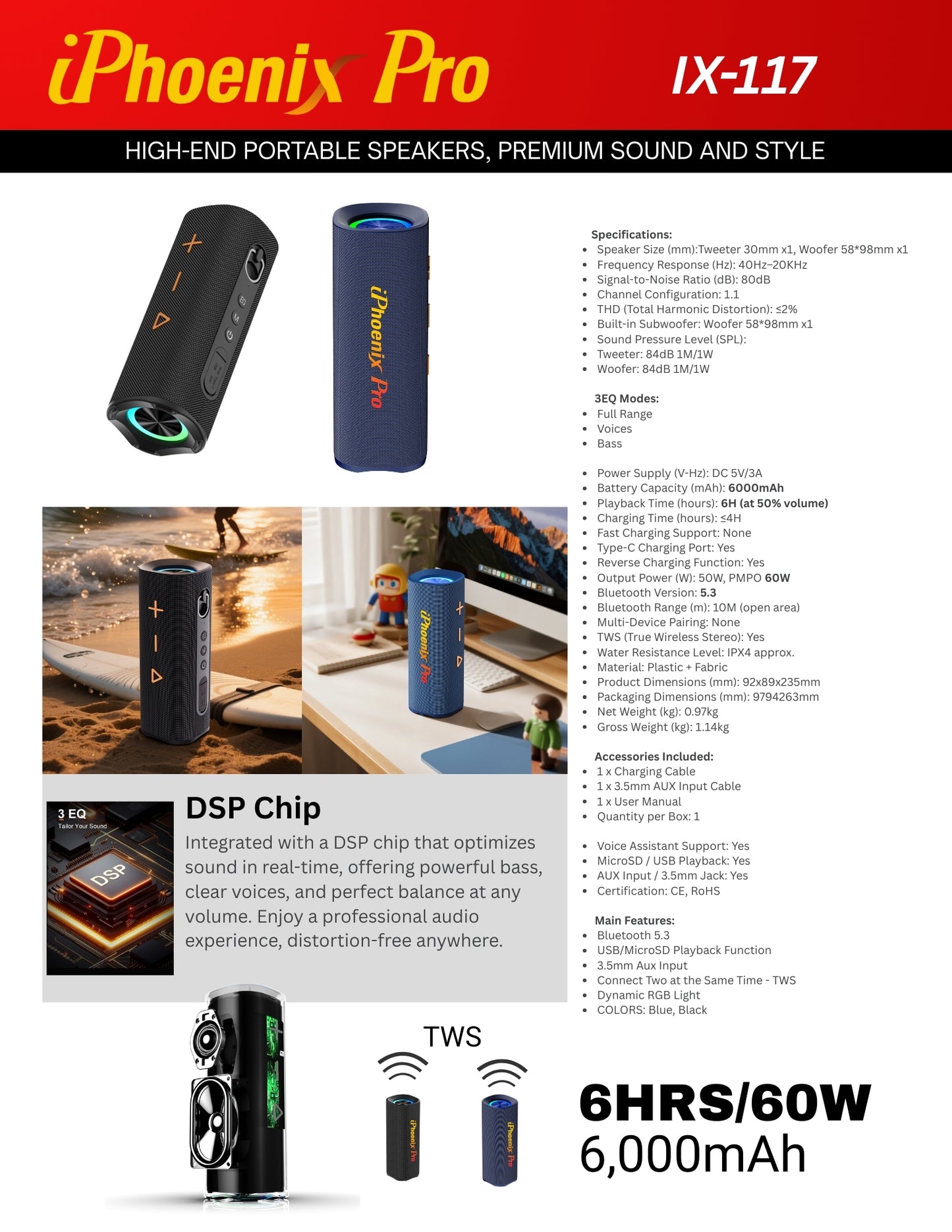 IX-117 6 Hrs 60W BT Wireless TWS Portable Speaker - Blue