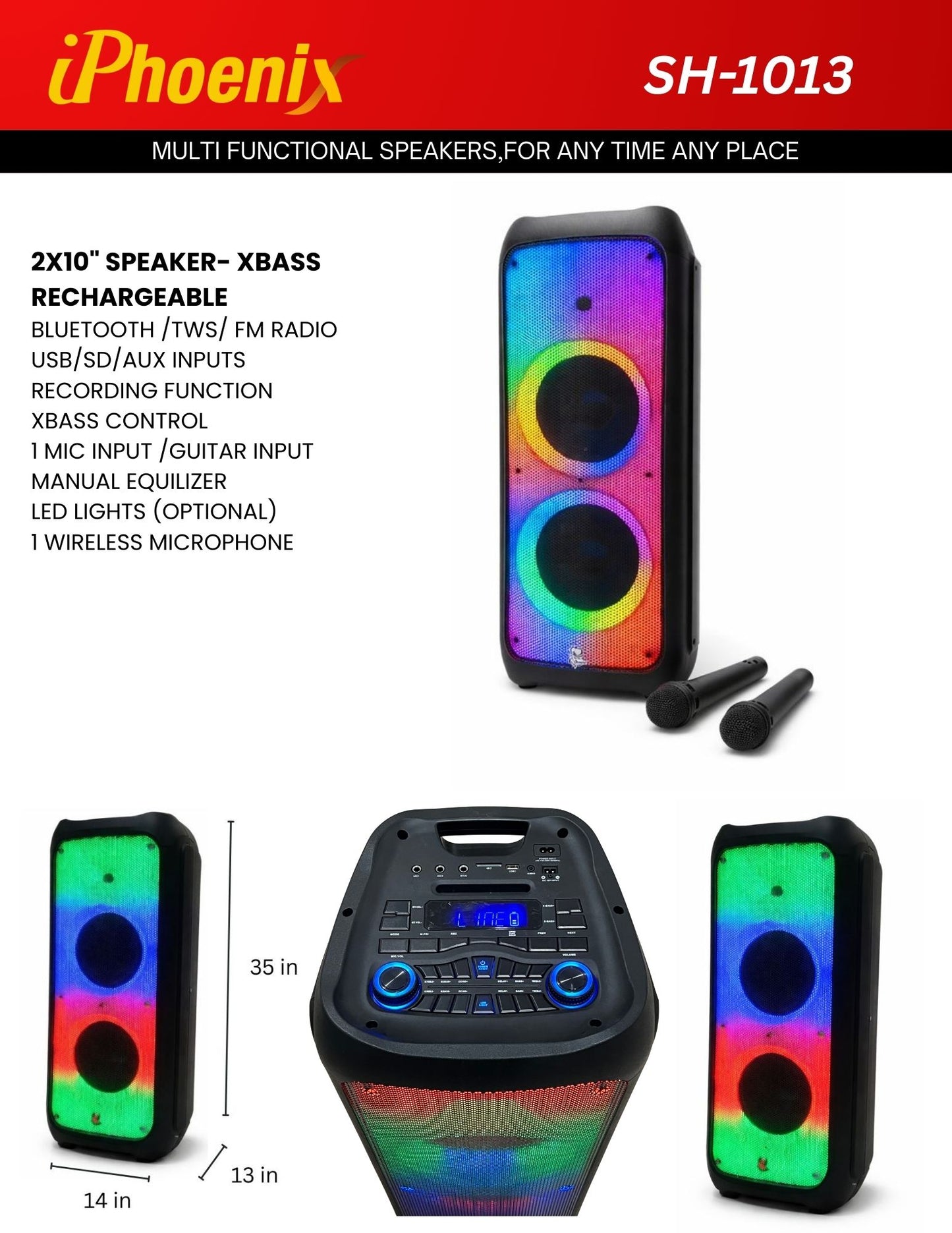 SH-1013 XBASS 2x10 inch Rechargeable Bluetooth Speaker with Dual Wireless Mic