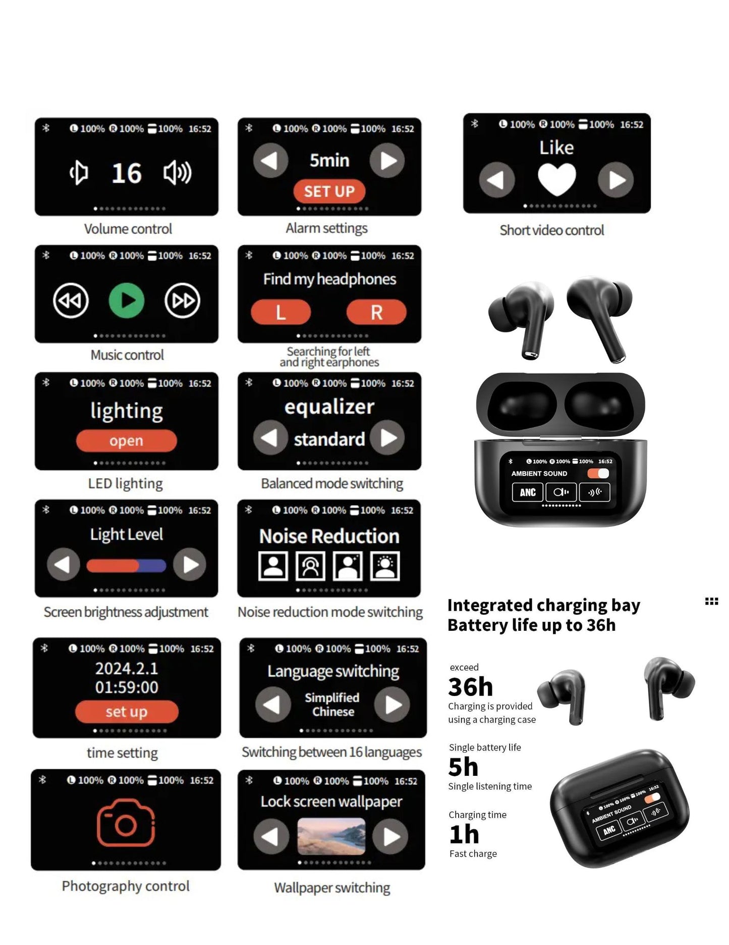 A9-PRO Touch Screen Wireless Earphone with Charging Case