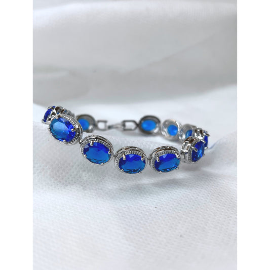 Gorgeous Blue Color Oval Cubic Zirconia Tennis Bracelet in Silver