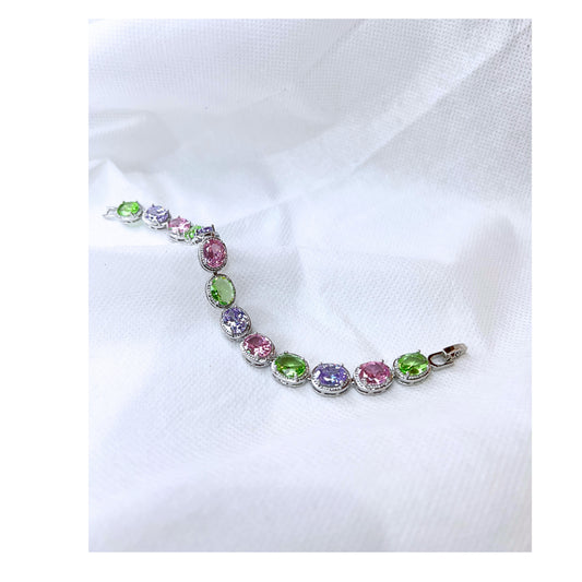 Multi-Color Oval Cubic Zirconia Tennis Bracelet for Women in Silver