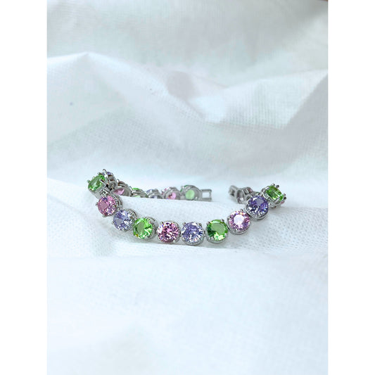Multi-Color Round Cubic Zirconia Silver Tone Tennis Bracelet for Women