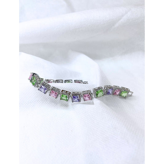 Multi-Color Square Cubic Zirconia Tennis Bracelet for Women in Silver