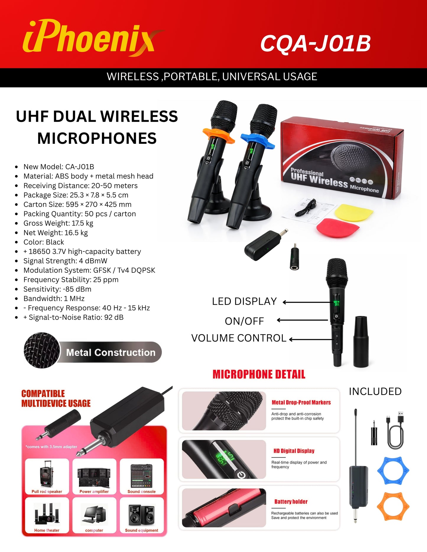 CQA-J01B UHF DUAL WIRELESS MICROPHONES PORTABLE UNIVERSAL USAGE
