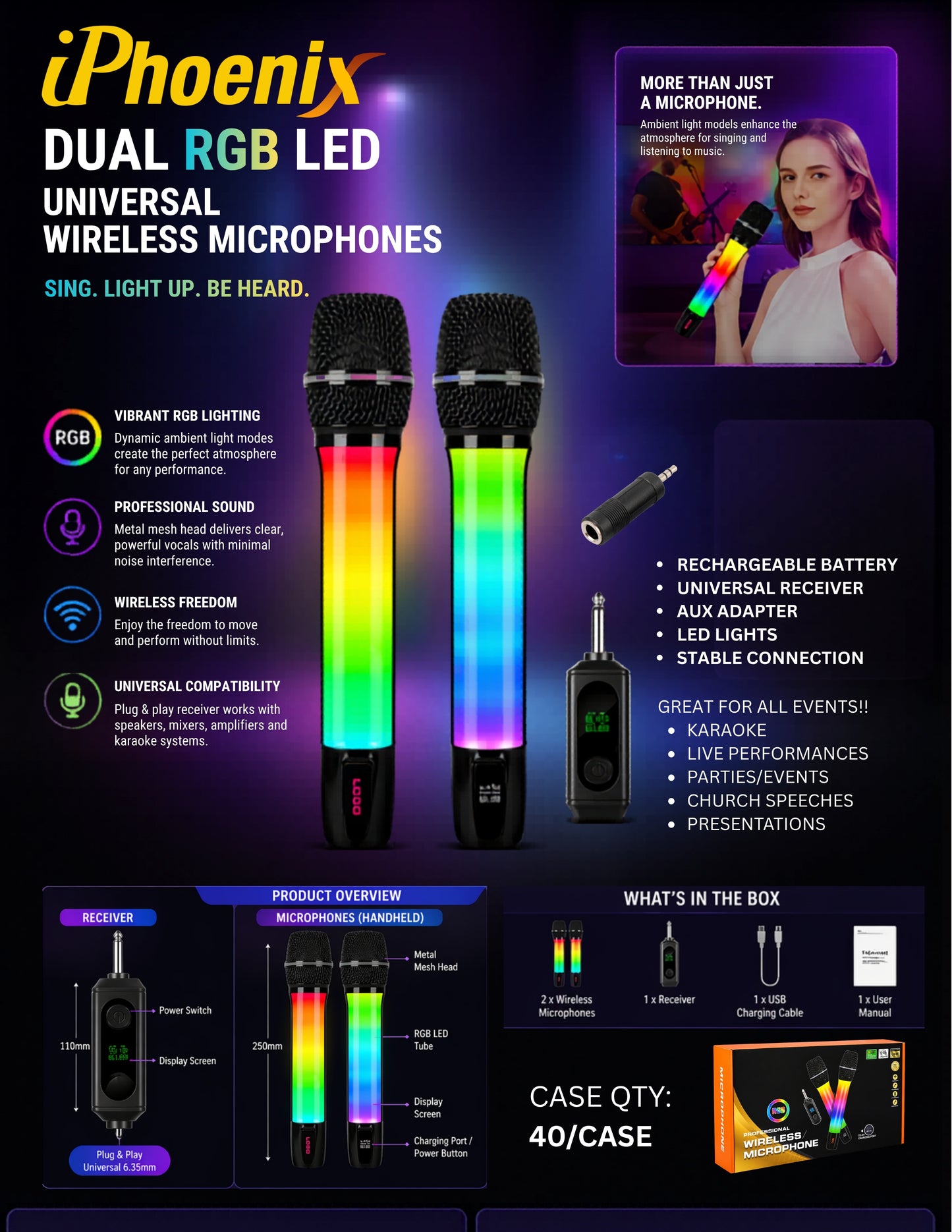 LED-DUAL-MICS 2 Universal Wireless Microphones RGB LED Lights
