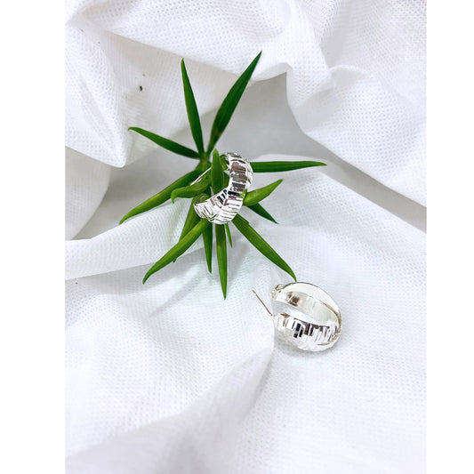 Modern Minimalist Silver Tone Textured Twisted Double Half Circles Stud Earrings
