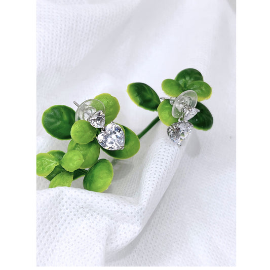 Timeless Modern Silver Tone Sparkling Clear Cubic Zirconia Heart Stud Earrings for Woman