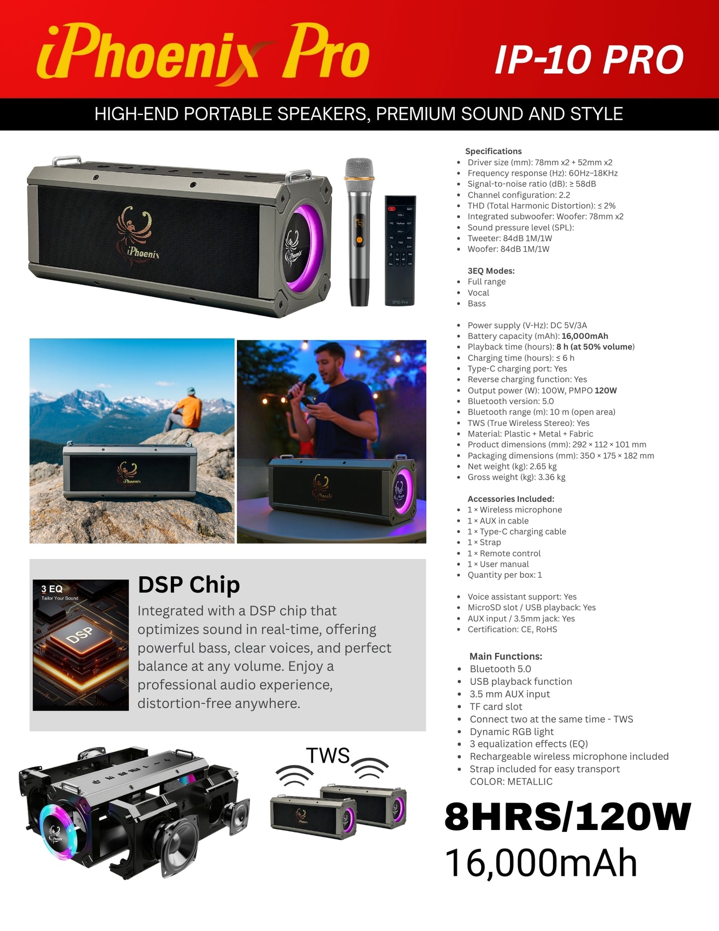 IP-10 Pro Portable Wireless Karaoke Speaker with 120W Power Output