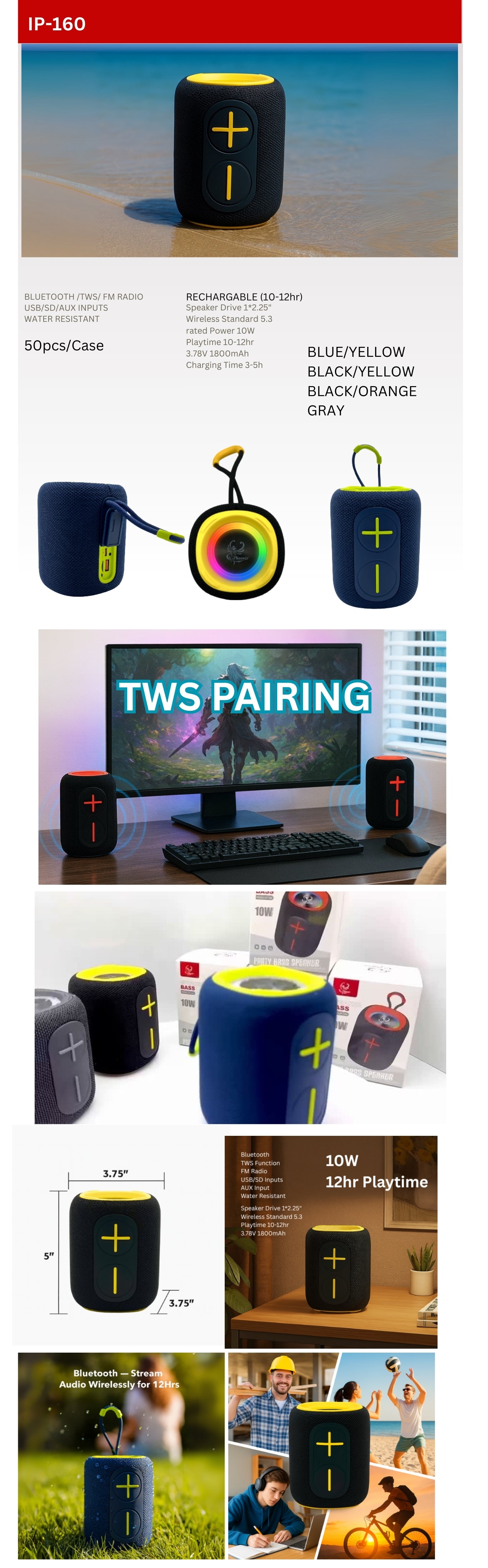 IP-160 Portable Bluetooth Wireless Speaker with RGB Lights 10W - Blue & Green