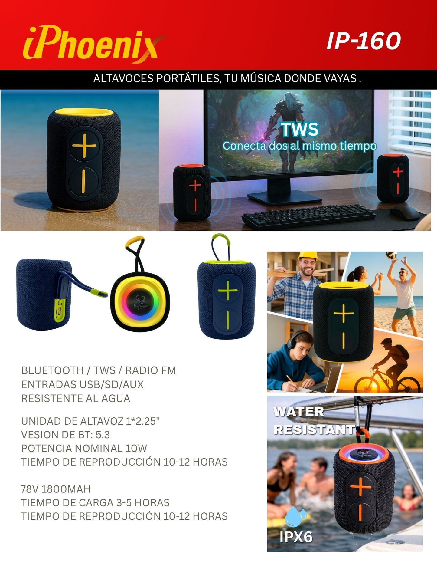 IP-160 Portable Bluetooth Wireless Speaker with RGB Lights 10W - Gray
