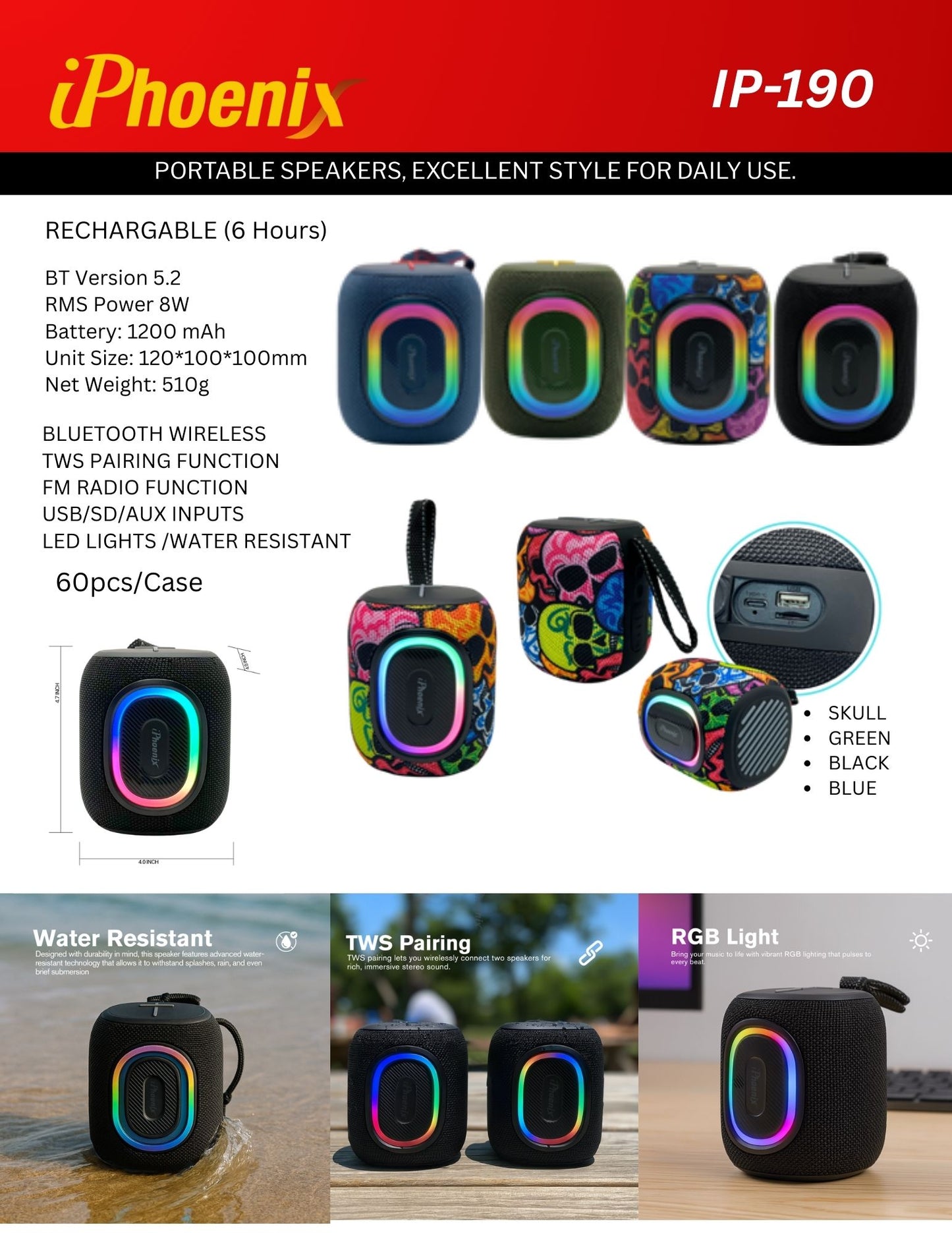 Portable Mini Water resistant Bluetooth Speaker 6hr Playtime. Skull Design IP-190