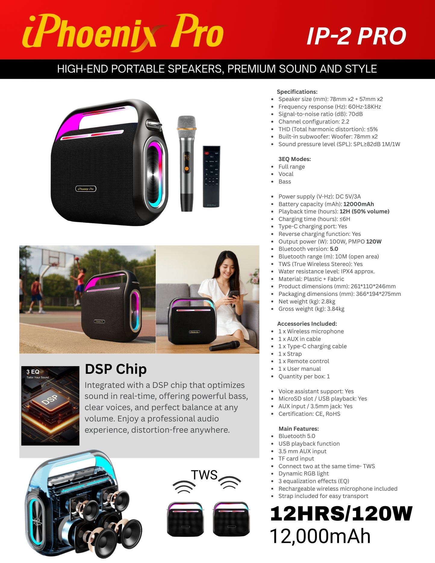IP-2 Pro 12 Hrs/120W Output / 12000 mAh Wireless UHF Microphone Speaker with Remote