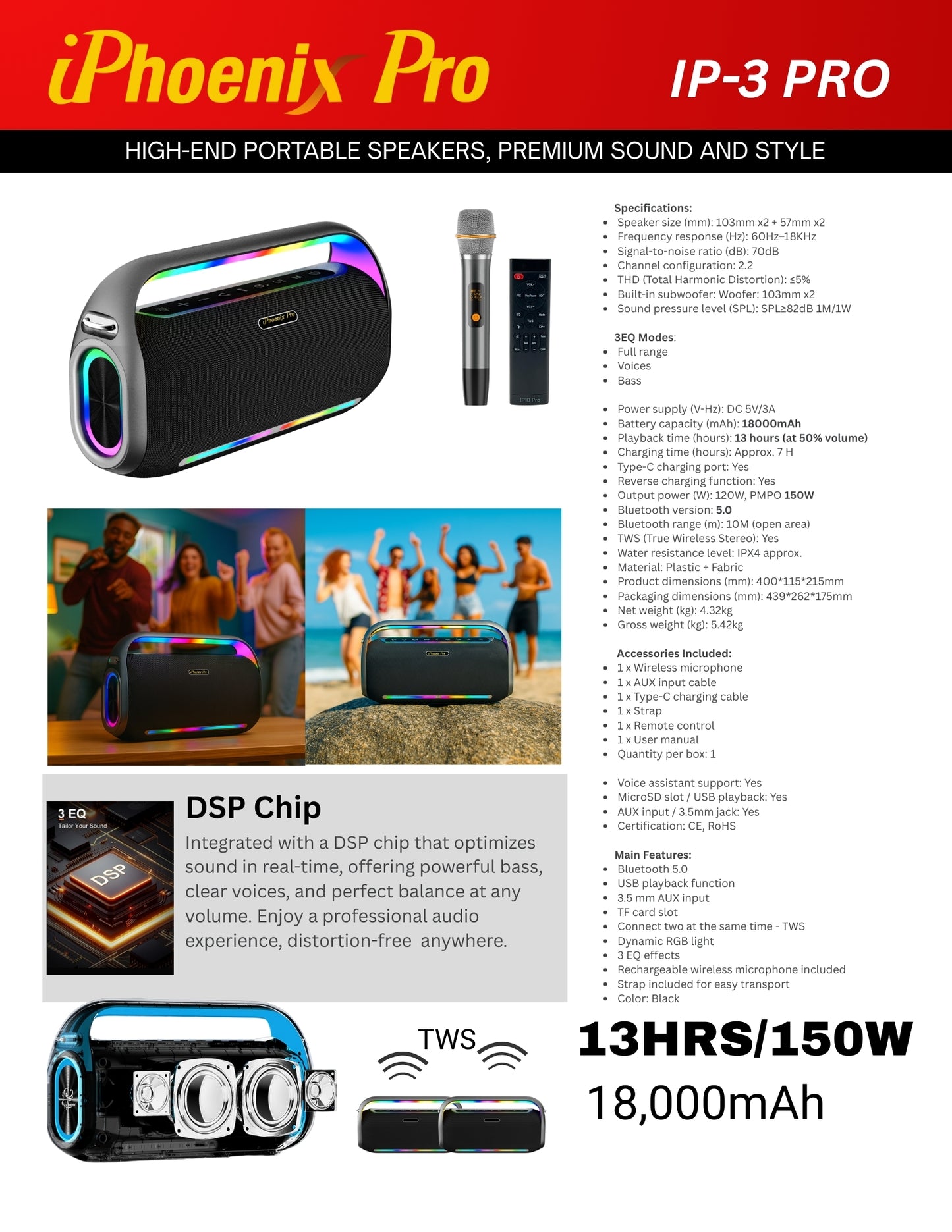 IP-3 Pro 13 Hrs 150W Output Wireless Karaoke UHF Microphone Speaker