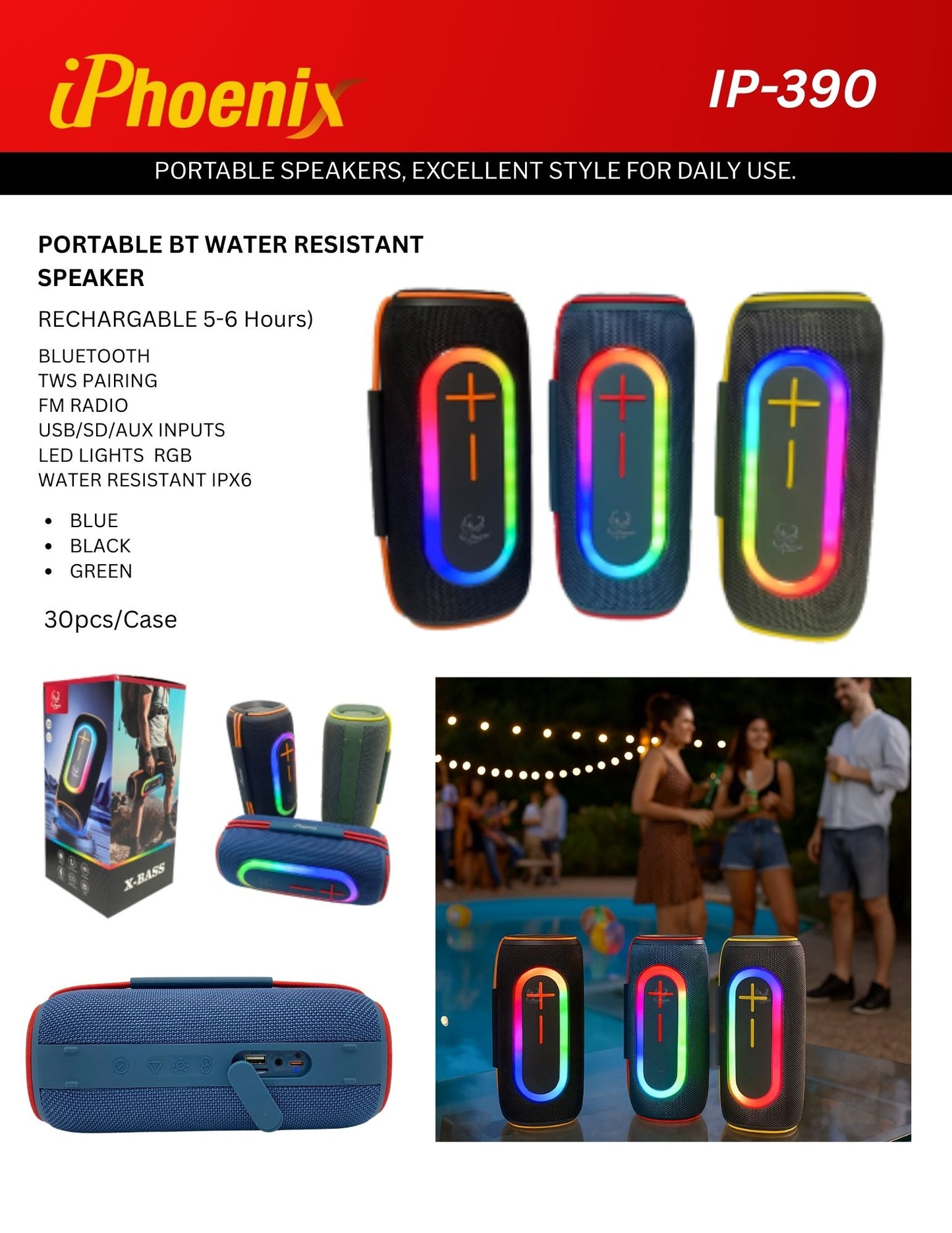 IP-390 Portable Bluetooth Speaker LED Lights FM USB 8 Hrs Playtime Water Resistant - Black