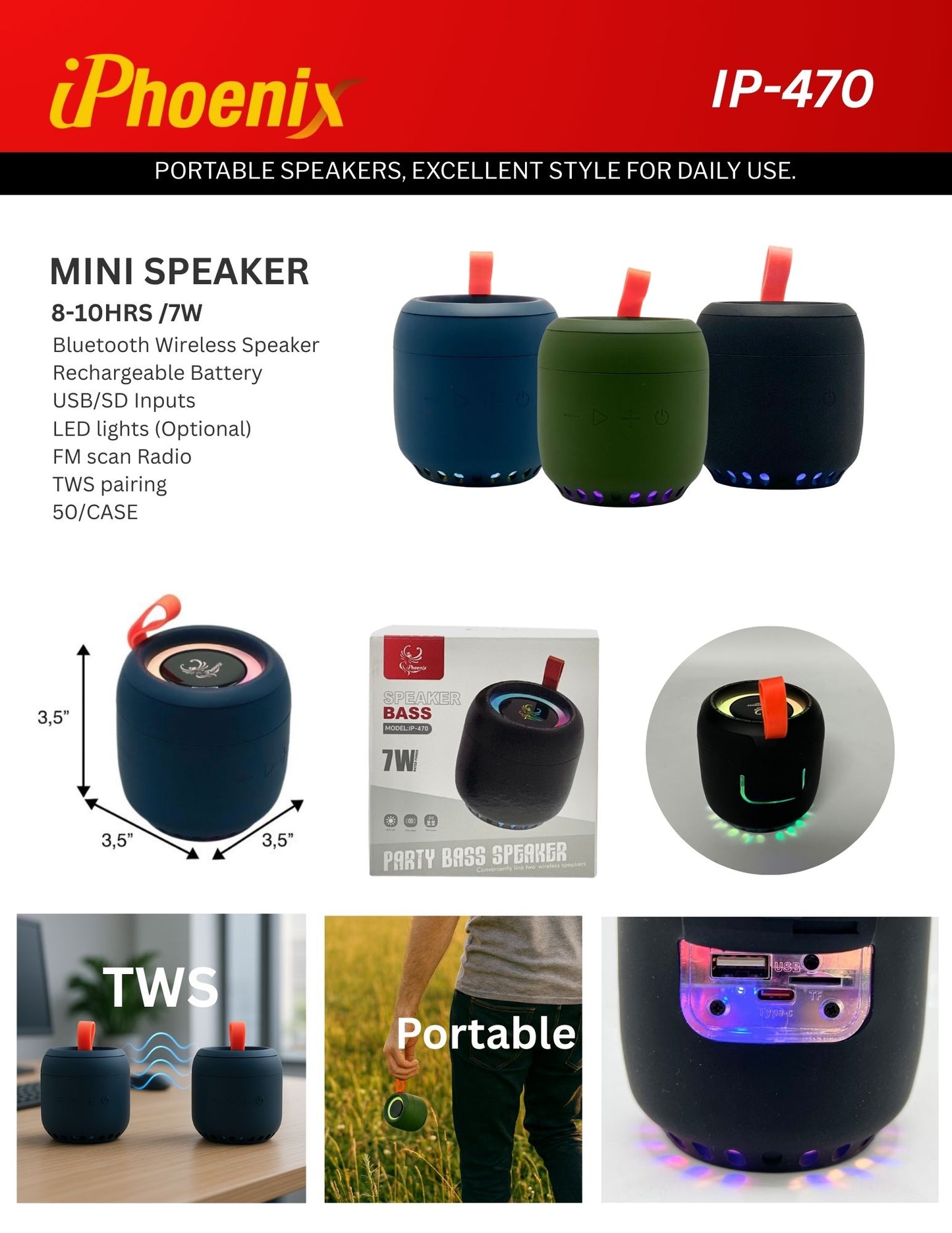IP-470 Party Bass Speaker with 7W Rated Power - Blue