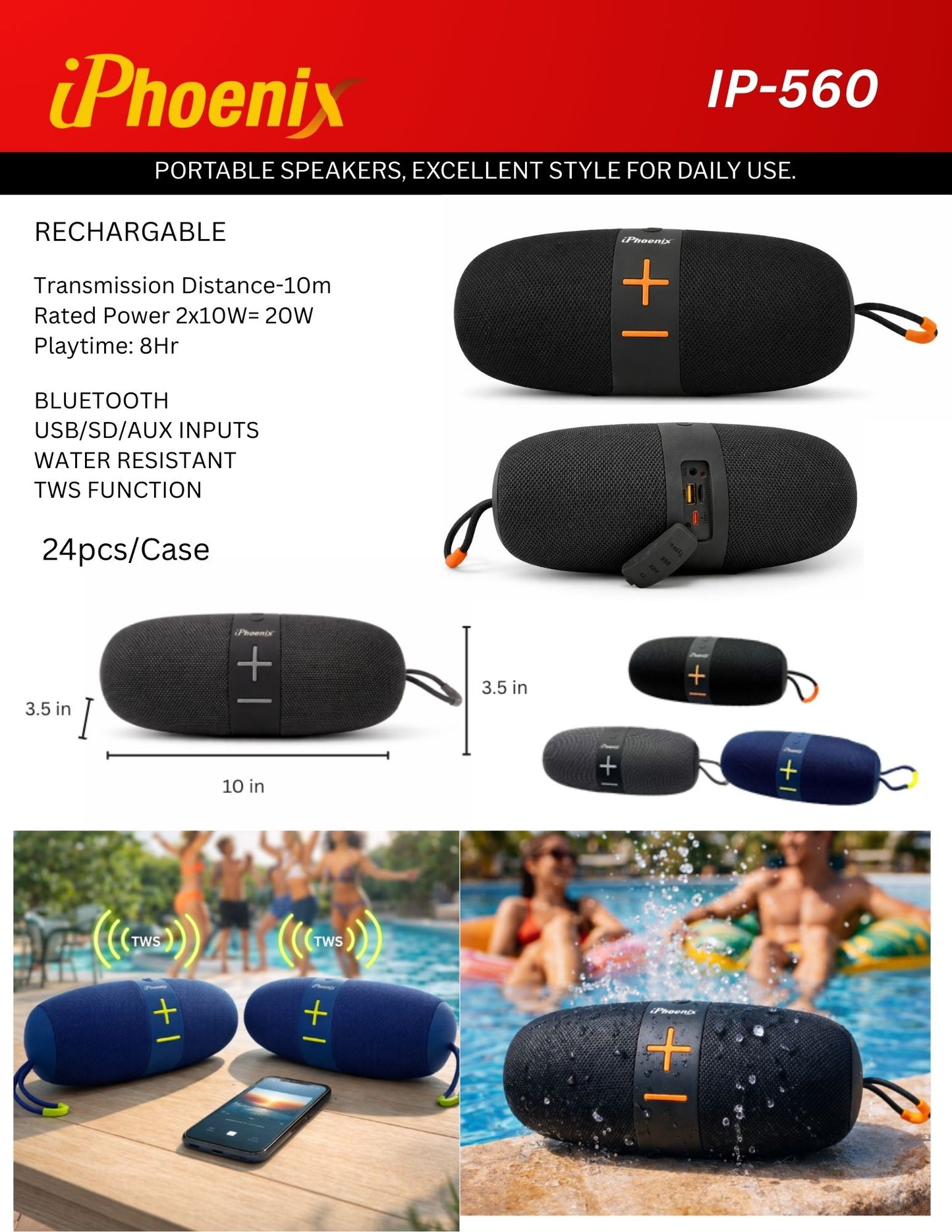 Heavy Bass Portable Bluetooth speaker IPX6 Water-Resistant 8 Hrs Playtime - Black IP-560