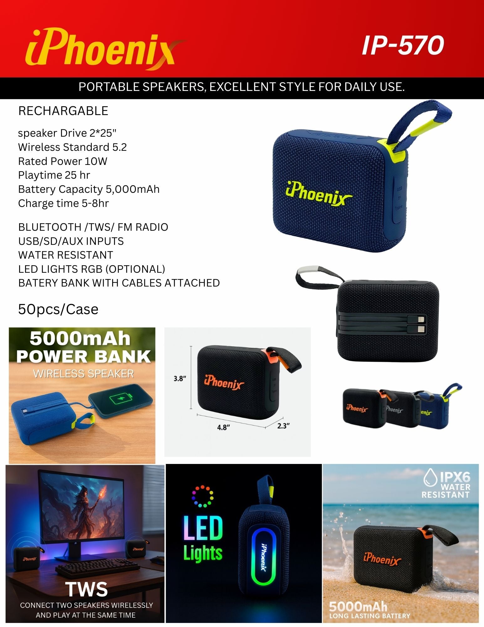 IP-570 2 IN 1 POWER BANK & MINI SPEAKER WITH 25HR BATTERY - Black