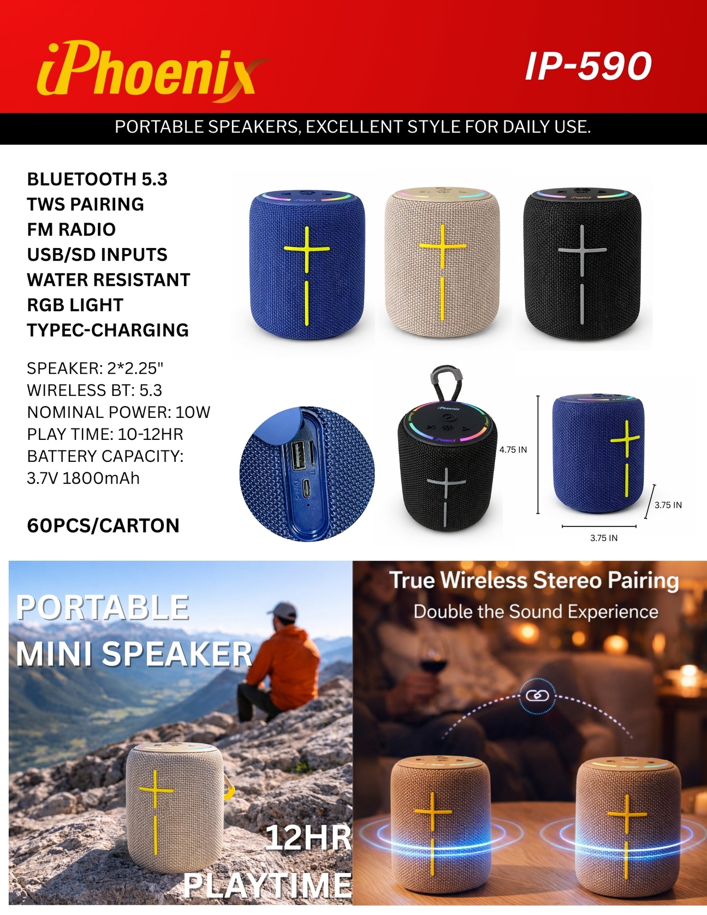 IP-590 Portable Mini BT Speaker RGB LED Lights 10W USB SD TWS - Black