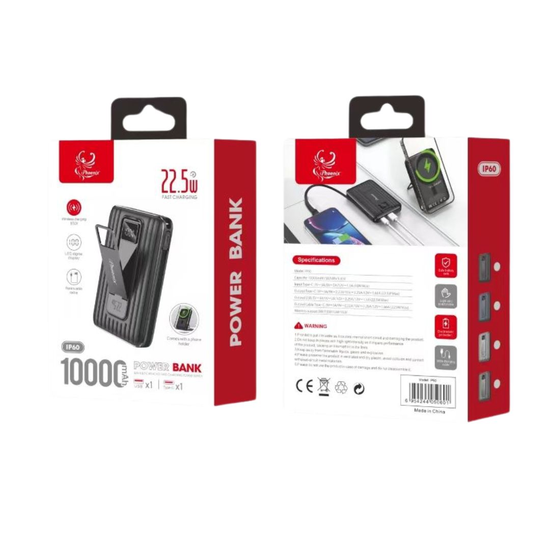 IP-60 Wireless Charging 15W Power Bank with Phone Holder - Silver