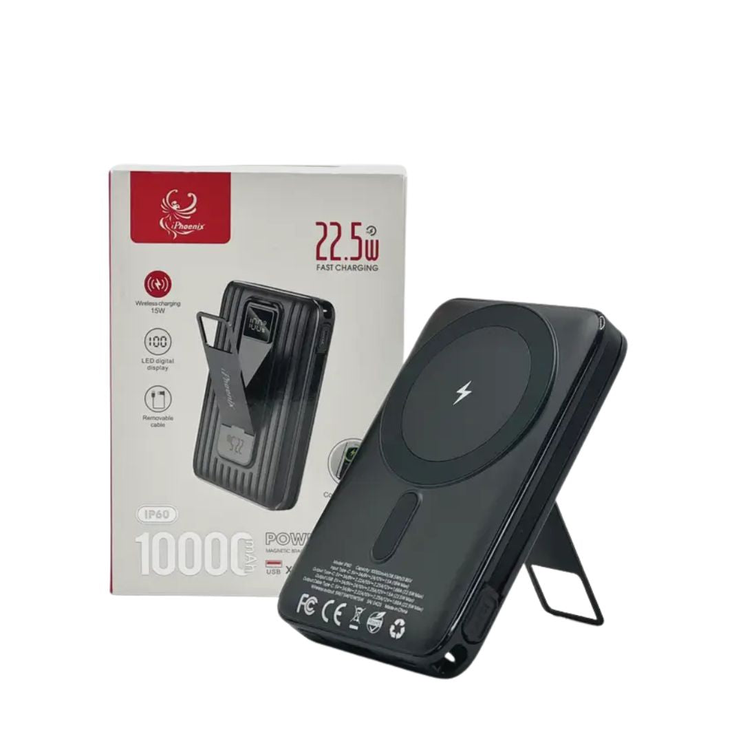 IP-60 Wireless Charging 15W Power Bank with Phone Holder - Black
