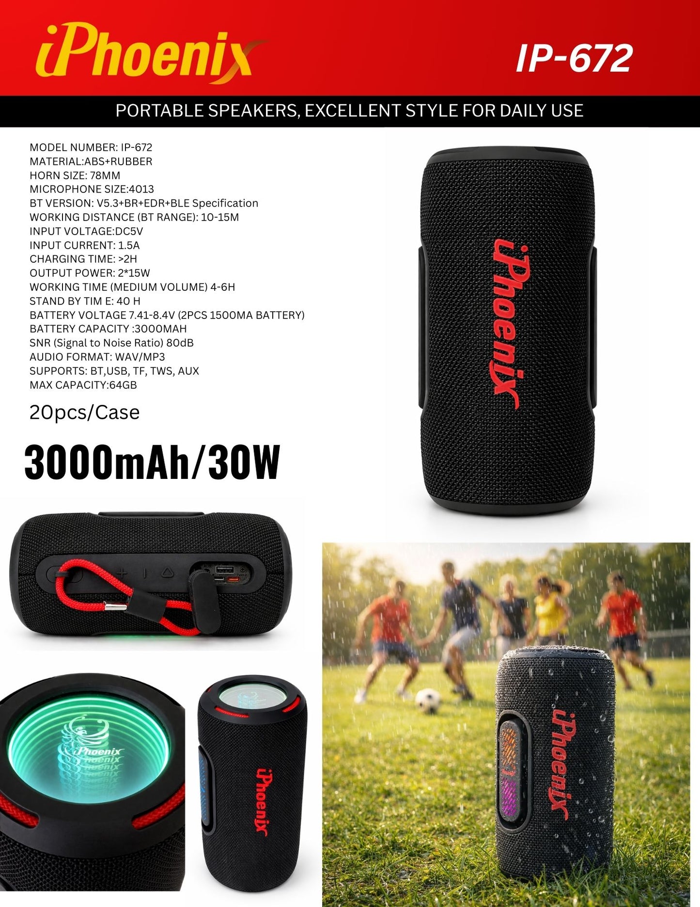IP-672 Portable BT Wireless Speaker 6 Hours Playtime 3000mAh Battery ABS+Rubber Material - Black