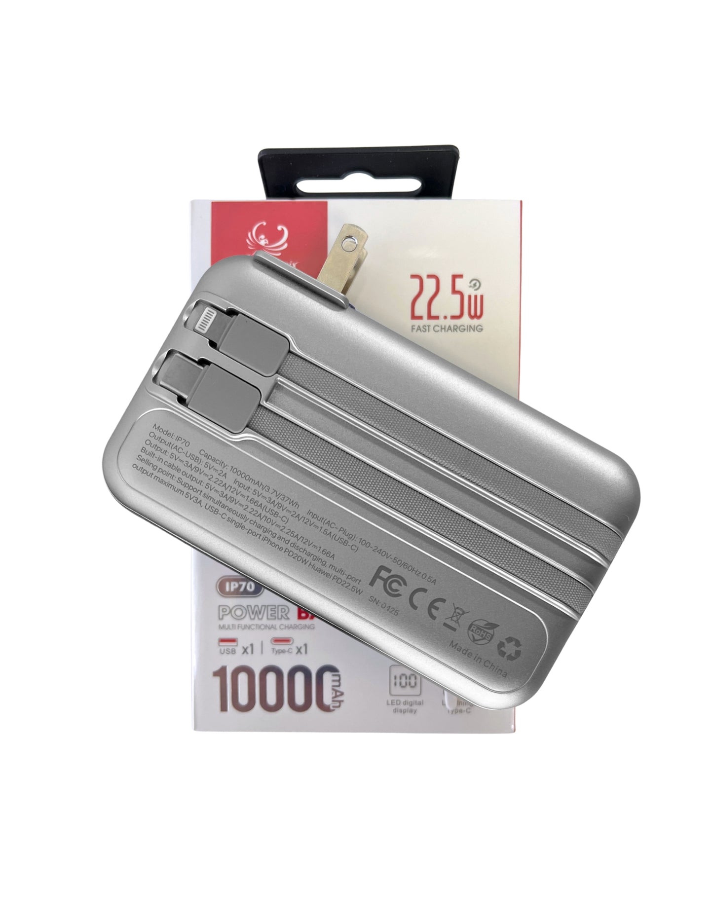 IP-70 Multi Functional Charging Power Bank with AC Adapter - Silver