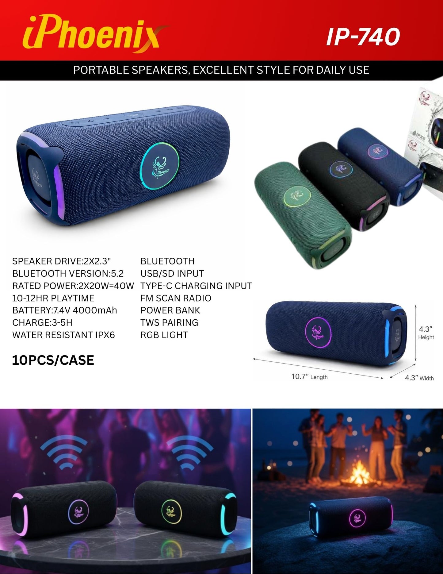 IP-740 2in1 Power Bank & Speaker BT LED Lights 4000 mAh Batter Water Resistant - Black