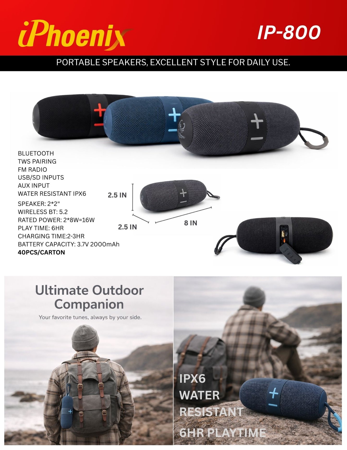 IP-800 Portable BT Wireless Speaker 16 Hours Playtime 2000mAh Battery LED Lights - Black