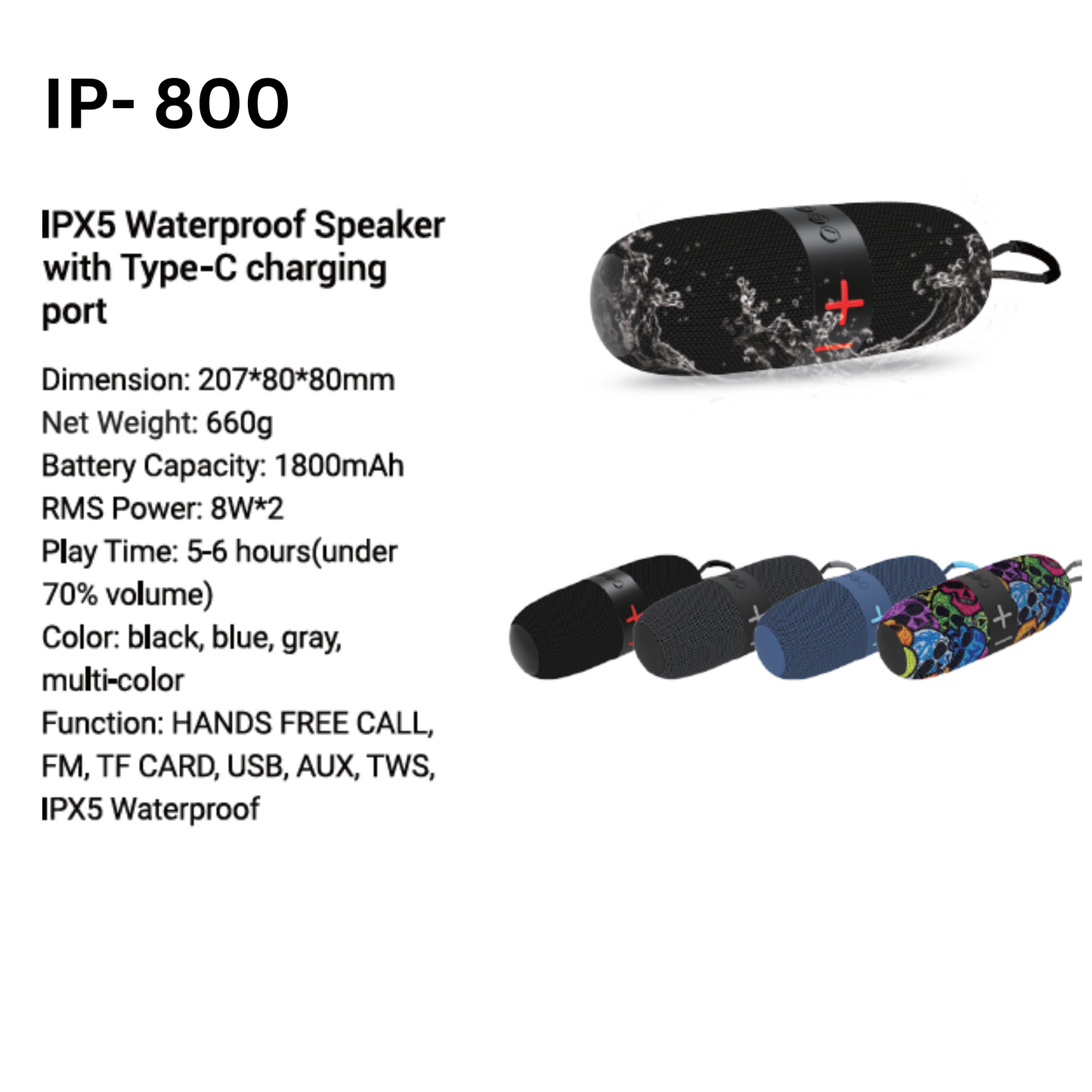 IP800 Super Bass Bluetooh Speaker with Radio USB SD card Slot Rechargable