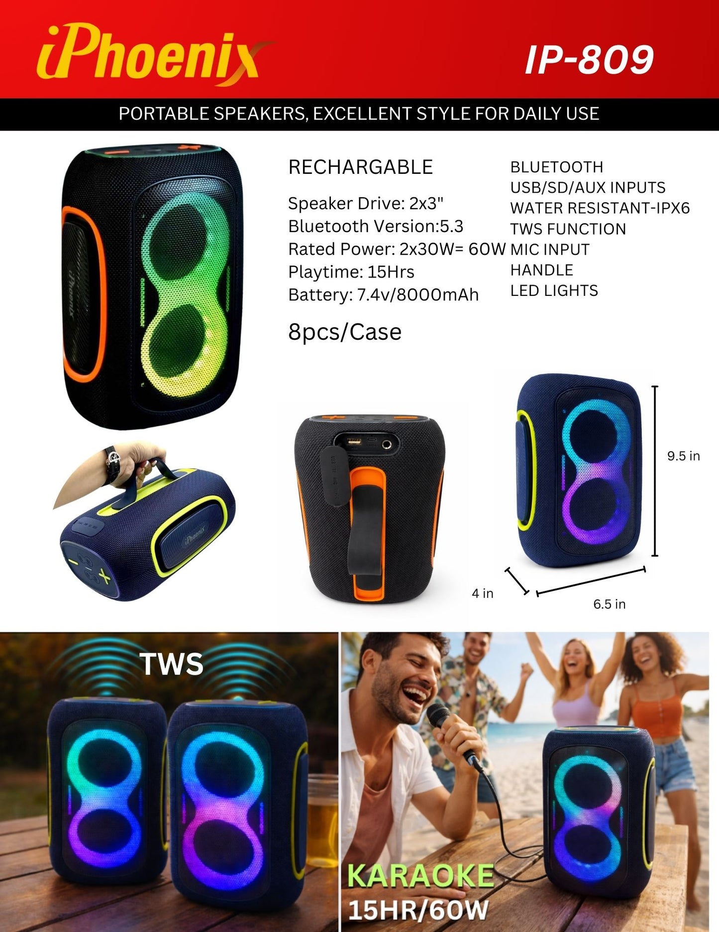 IP-809 Power Bank Bluetooth Wireless Rechargeable Speaker TWS LED Lights - Blue