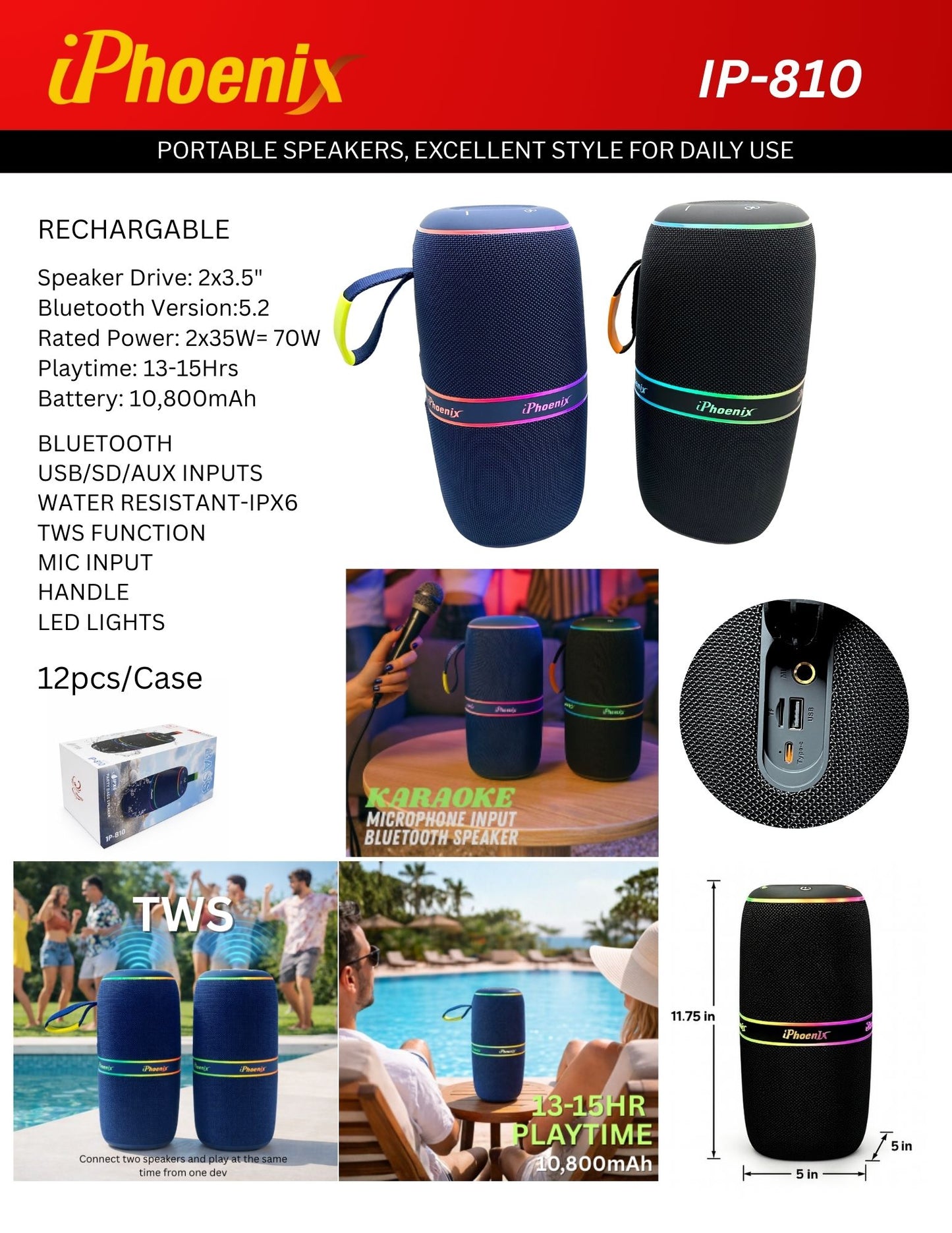 IP-810 Portable BT Wireless Speaker 15 Hours Playtime 10800mAh Battery 70W - Black