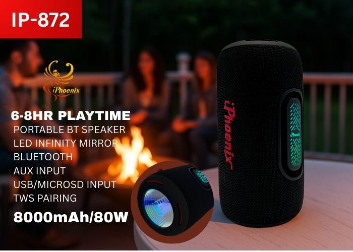 IP-872 Portable BT Wireless Speaker 8 Hours Playtime 8000mAh Battery LED Lights - Black