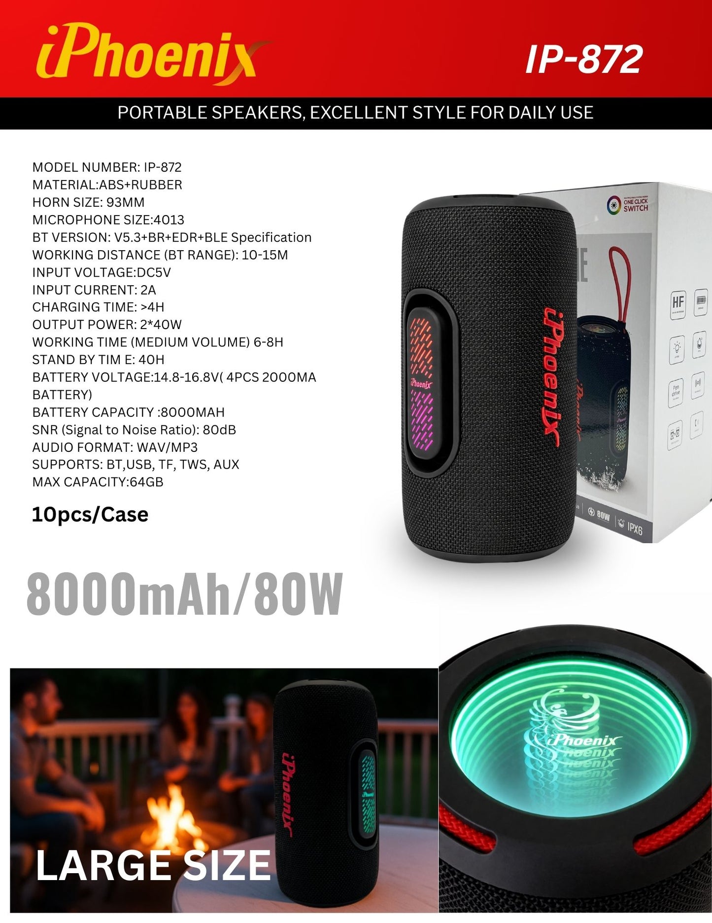 IP-872 Portable BT Wireless Speaker 8 Hours Playtime 8000mAh Battery LED Lights - Black