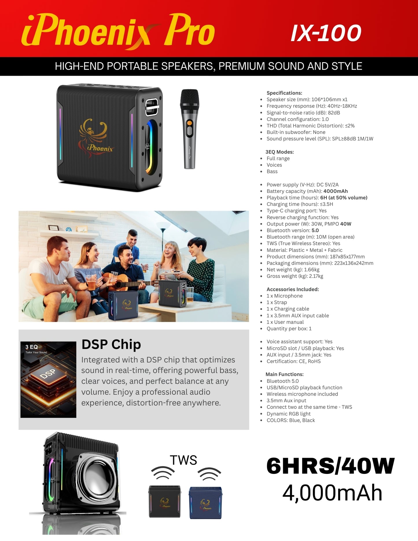 IX-100 6 Hrs/ 4000 mAh Wireless BT XBass Portable Karaoke Speaker with Microphone - Black