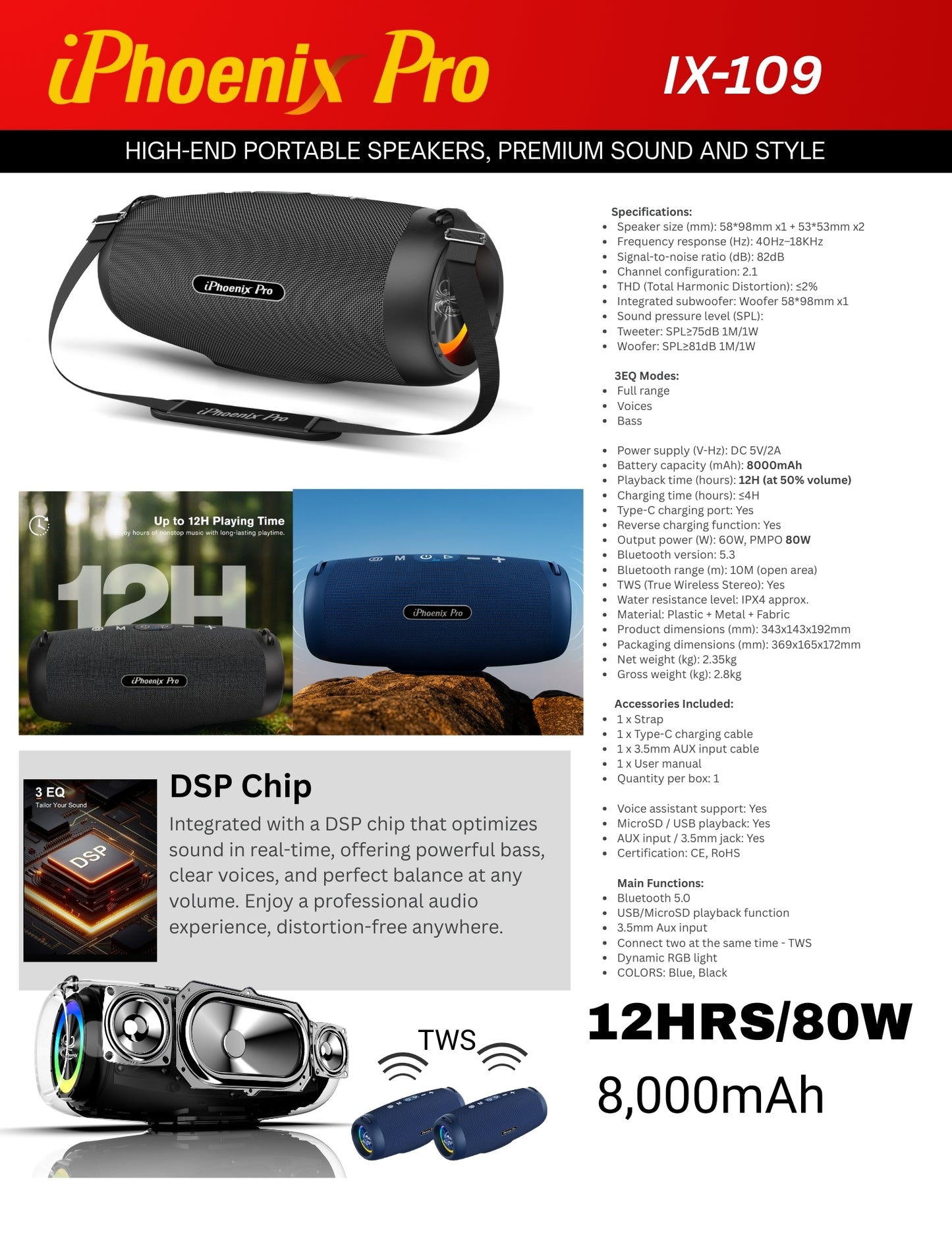 IX-109 80W Wireless Bluetooth Loud Speaker Detachable Strap - Black