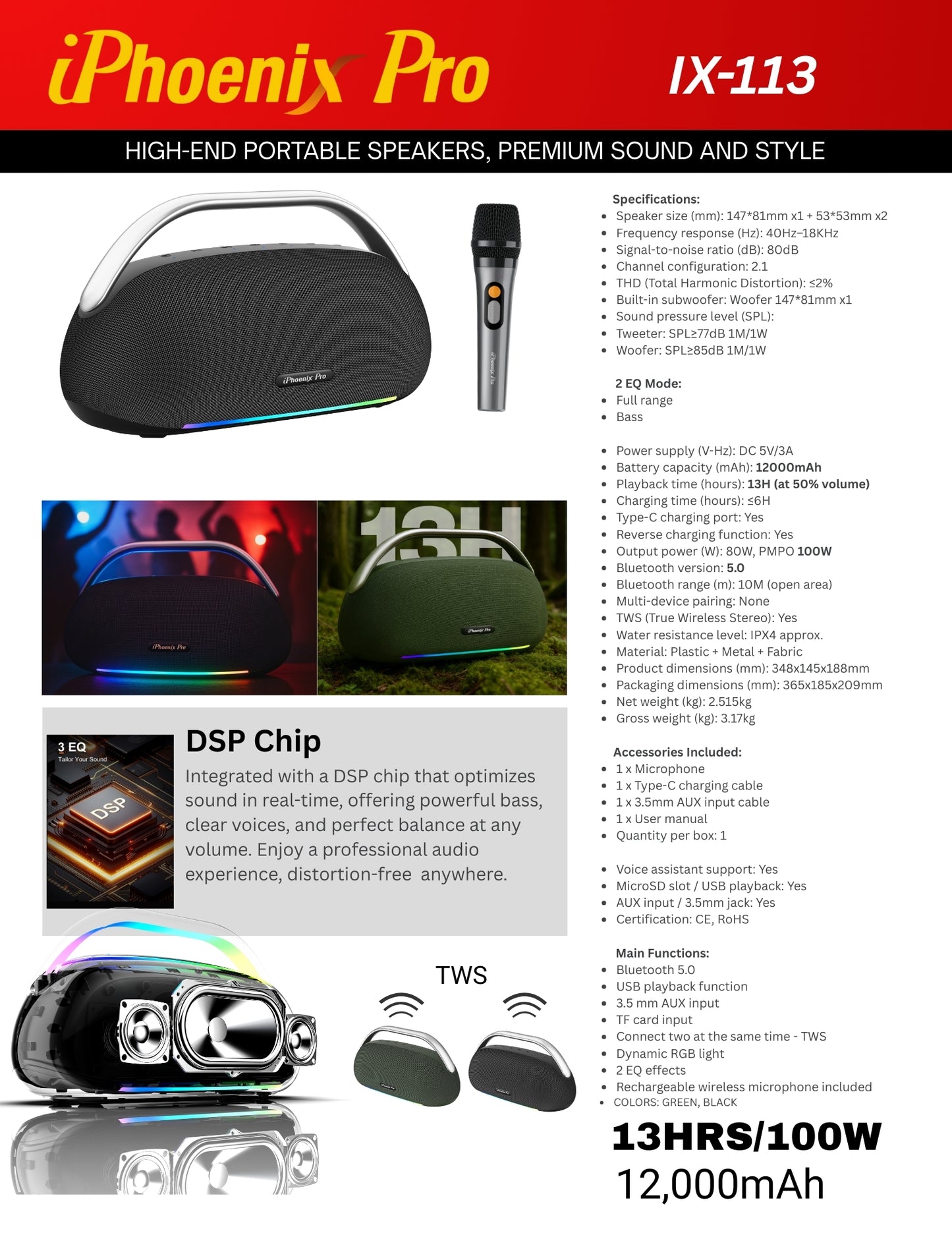 IX-113 100W Wireless Karaoke Speaker with Mic - Green