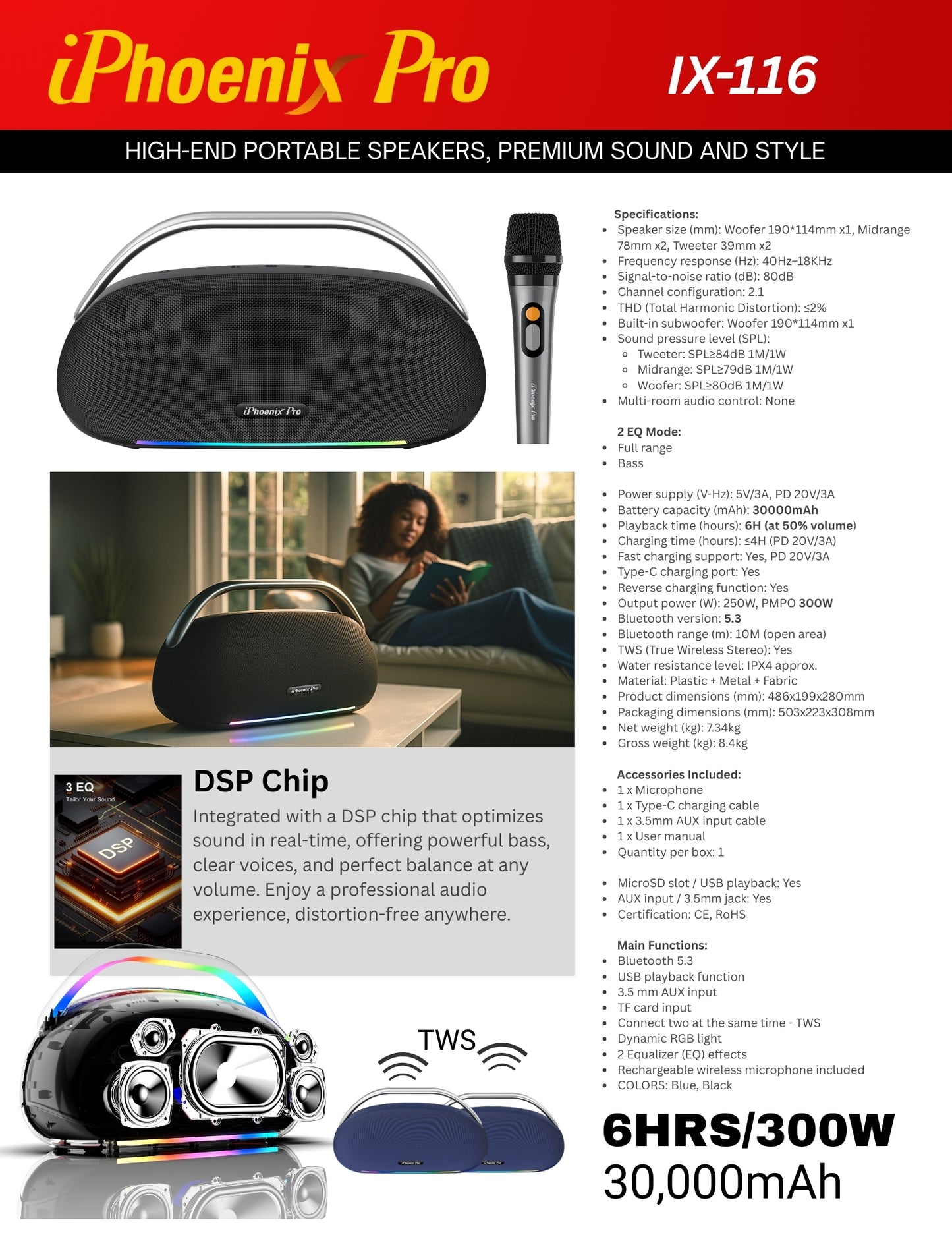 IX-116 6 Hrs/ 300W 30000 mAh BT Wireless Speaker with Microphone - Black