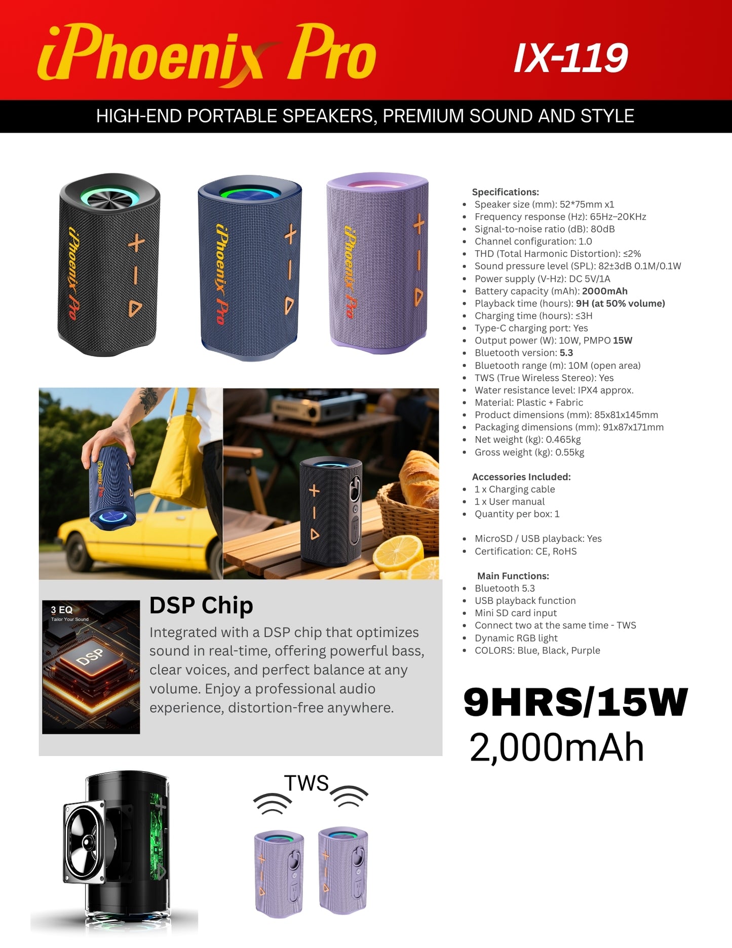 IX-119 9 Hrs 15W BT Wireless TWS Water Resistant Portable Mini Speaker - Black