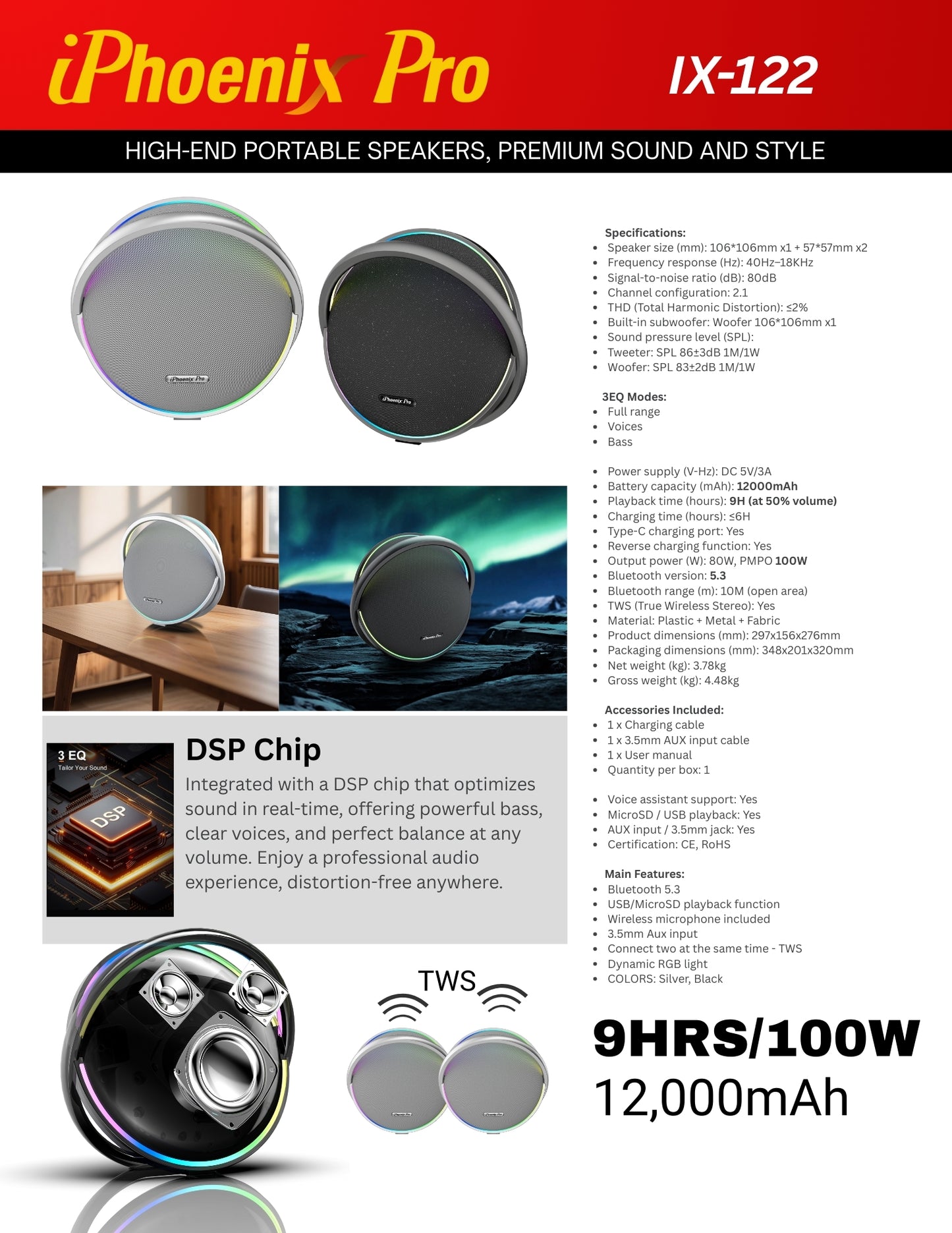 IX-122 9 Hrs/100W Bluetooth Wireless Round Speaker - Silver